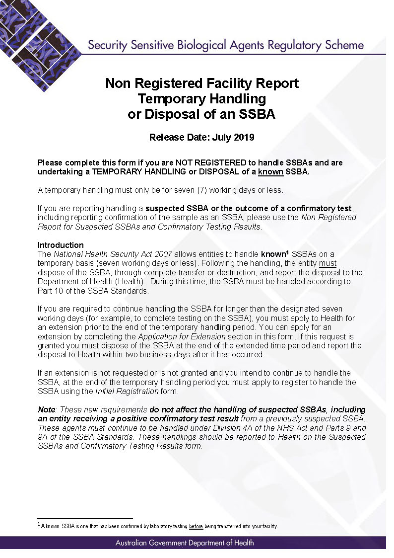 SSBA – Form – Non-registered facility report for temporary handling and disposal of an SSBA