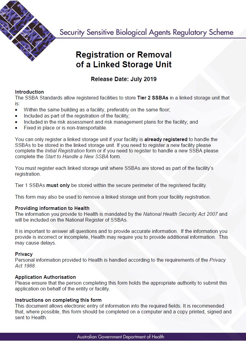 SSBA – Form – Registration of a linked storage unit