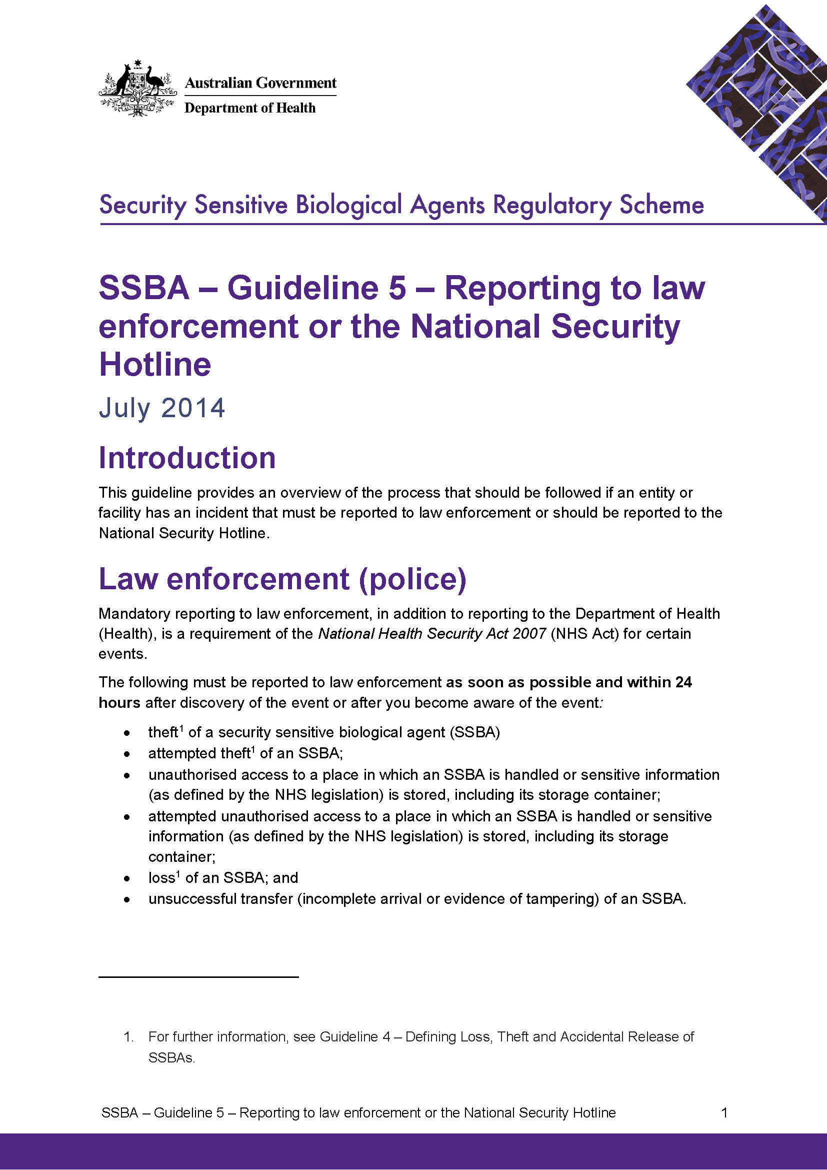SSBA – Guideline 5 – Reporting to law enforcement or the National Security Hotline