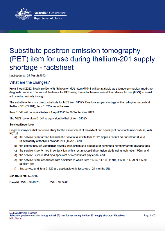 Cover image for Substitute positron emission tomography (PET) item for use during thallium-201 supply shortage