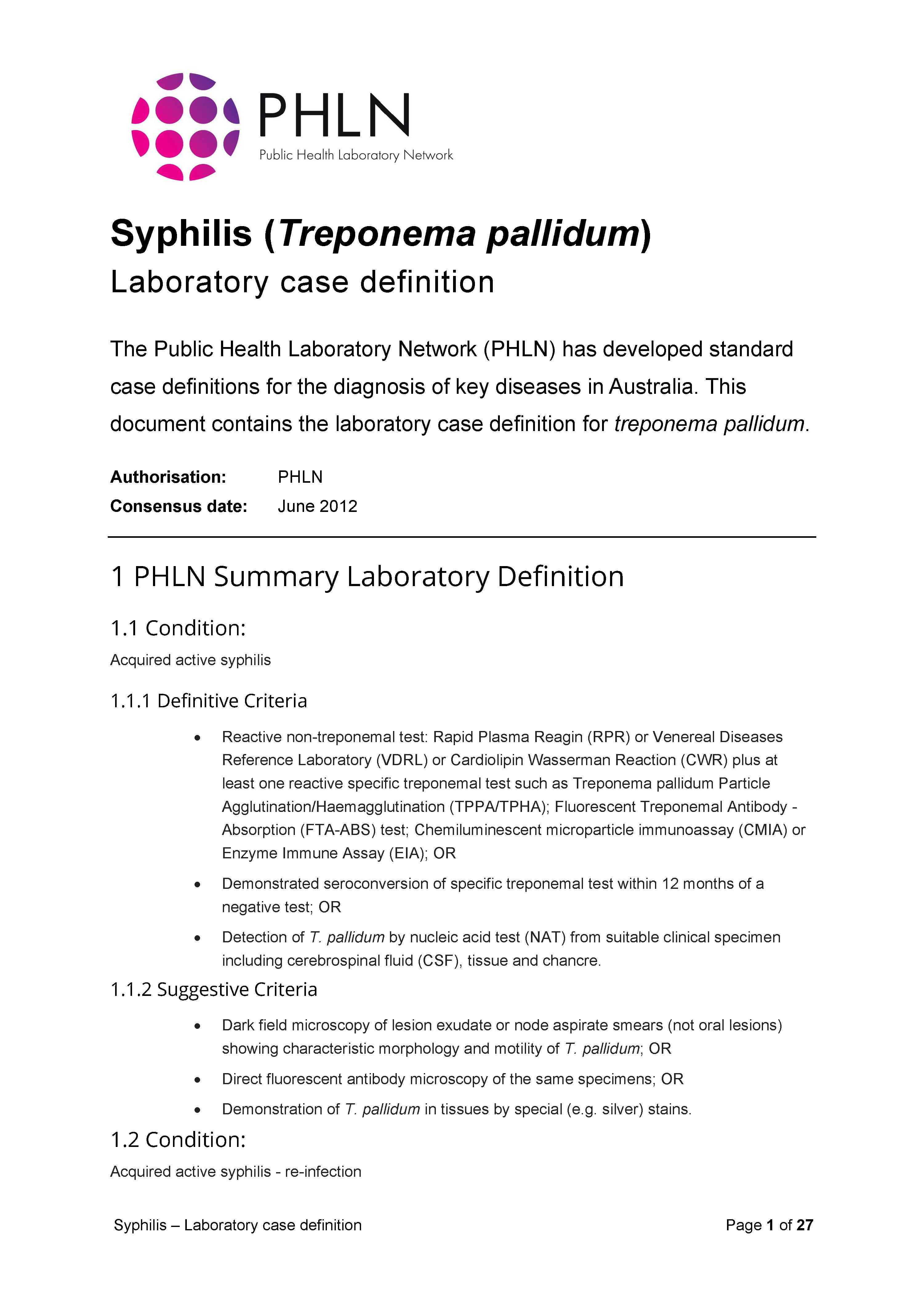 Syphilis – Laboratory case definition