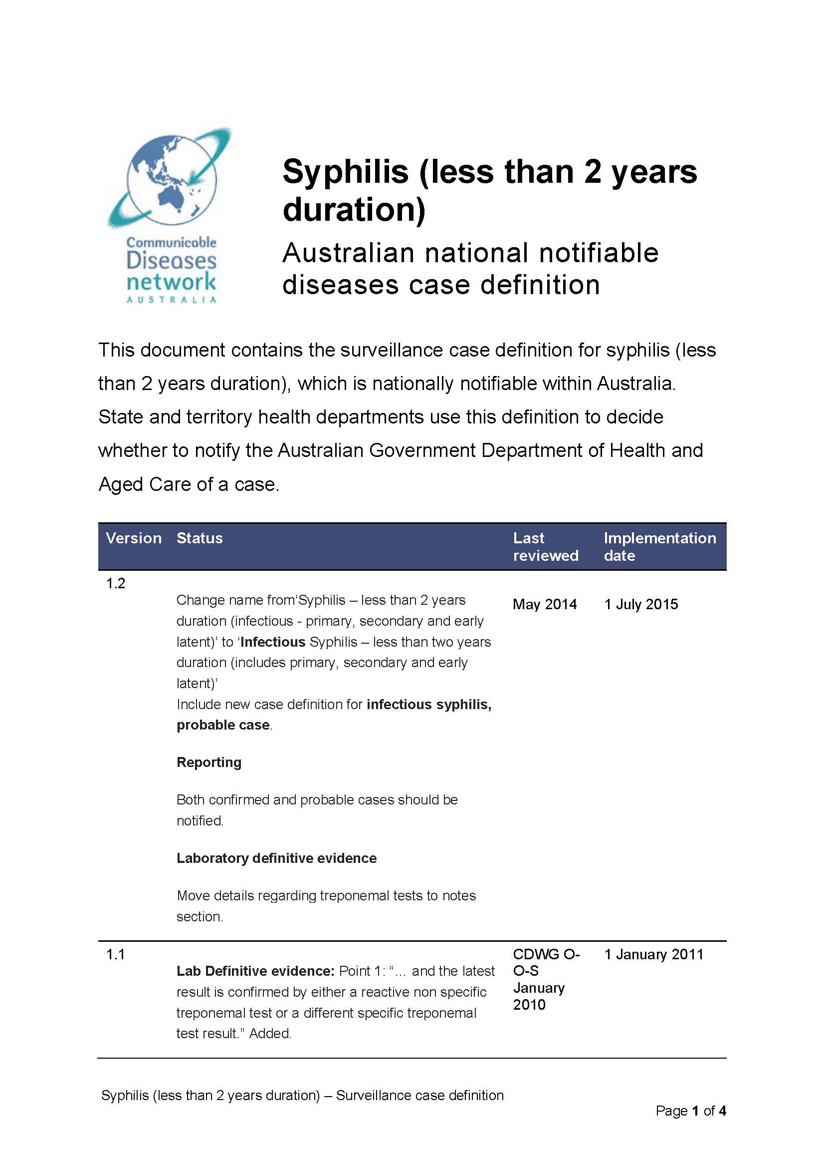 Syphilis (less than 2 years duration) – Surveillance case definition