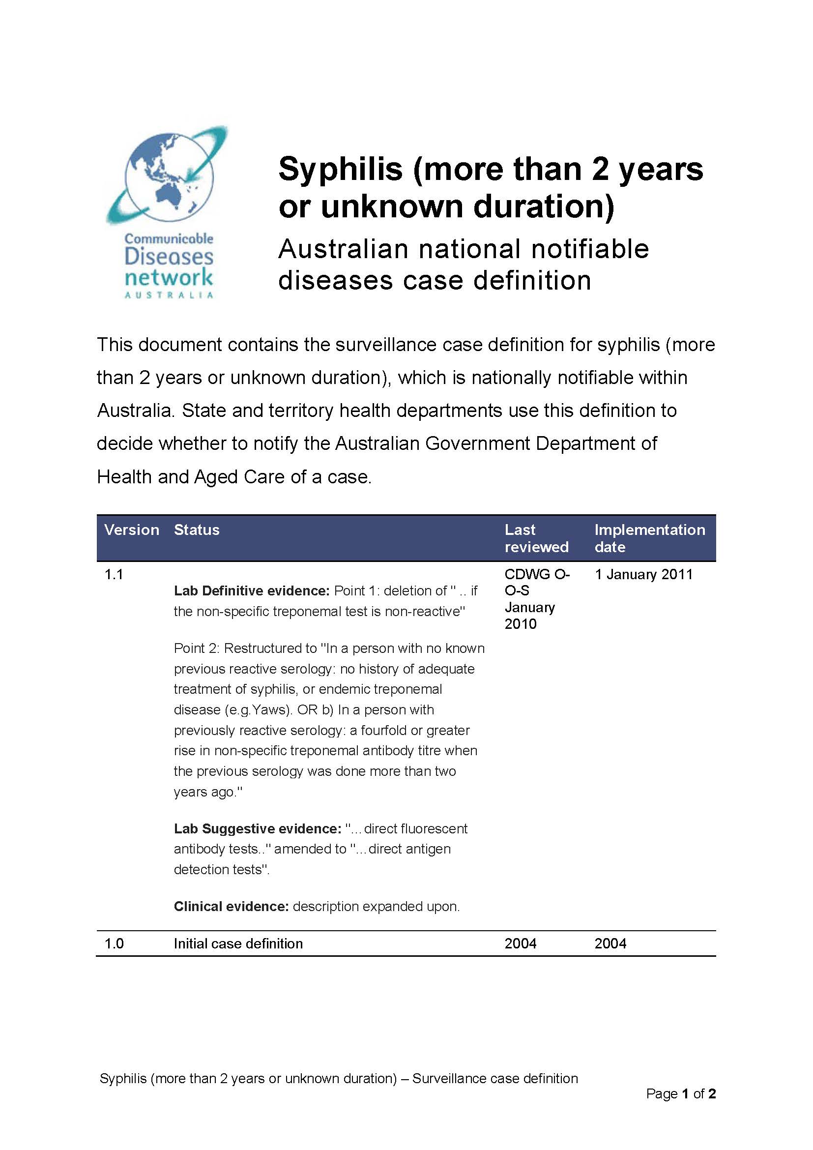 Syphilis (more than 2 years or unknown duration) – Surveillance case definition
