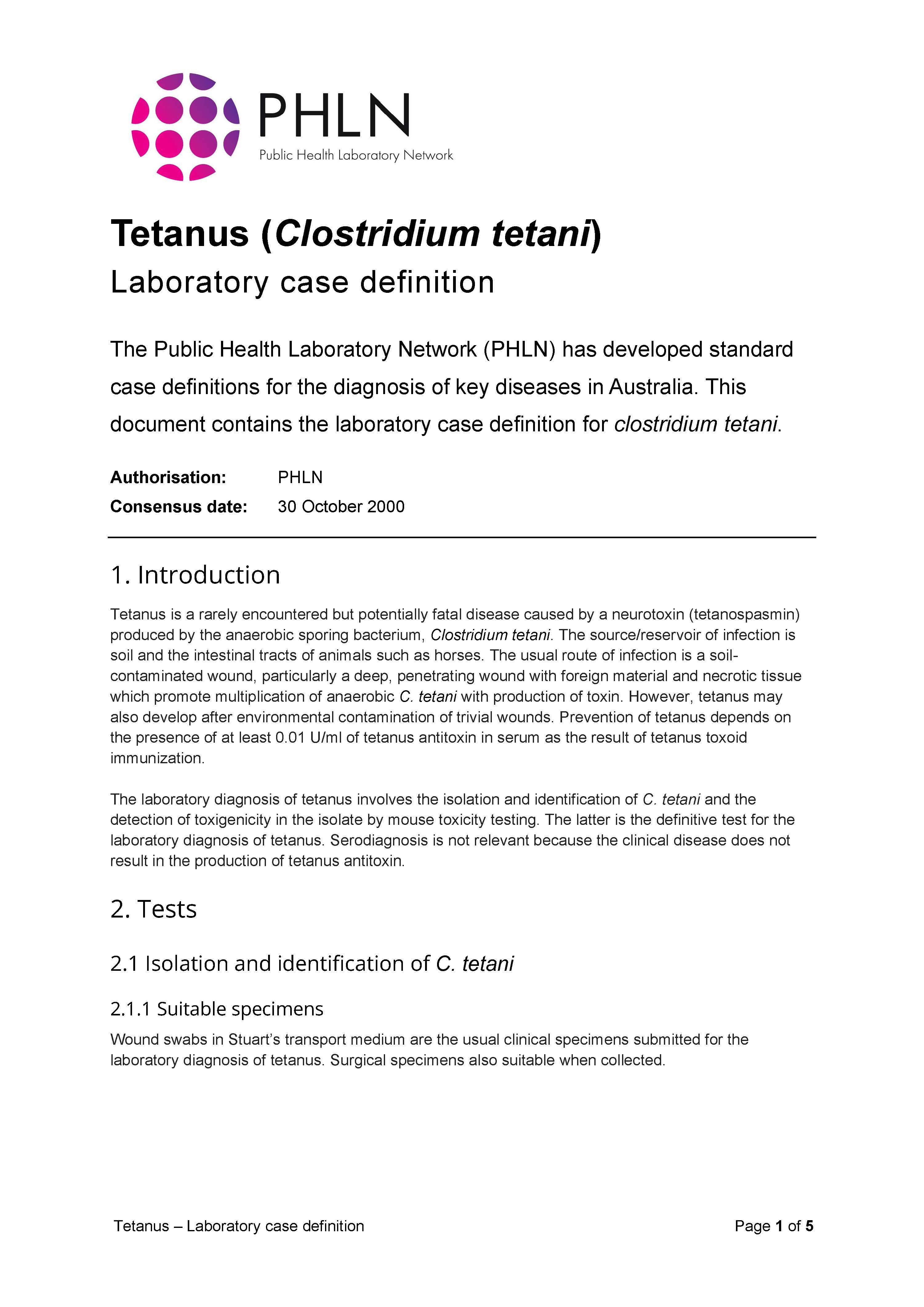 Tetanus – Laboratory case definition