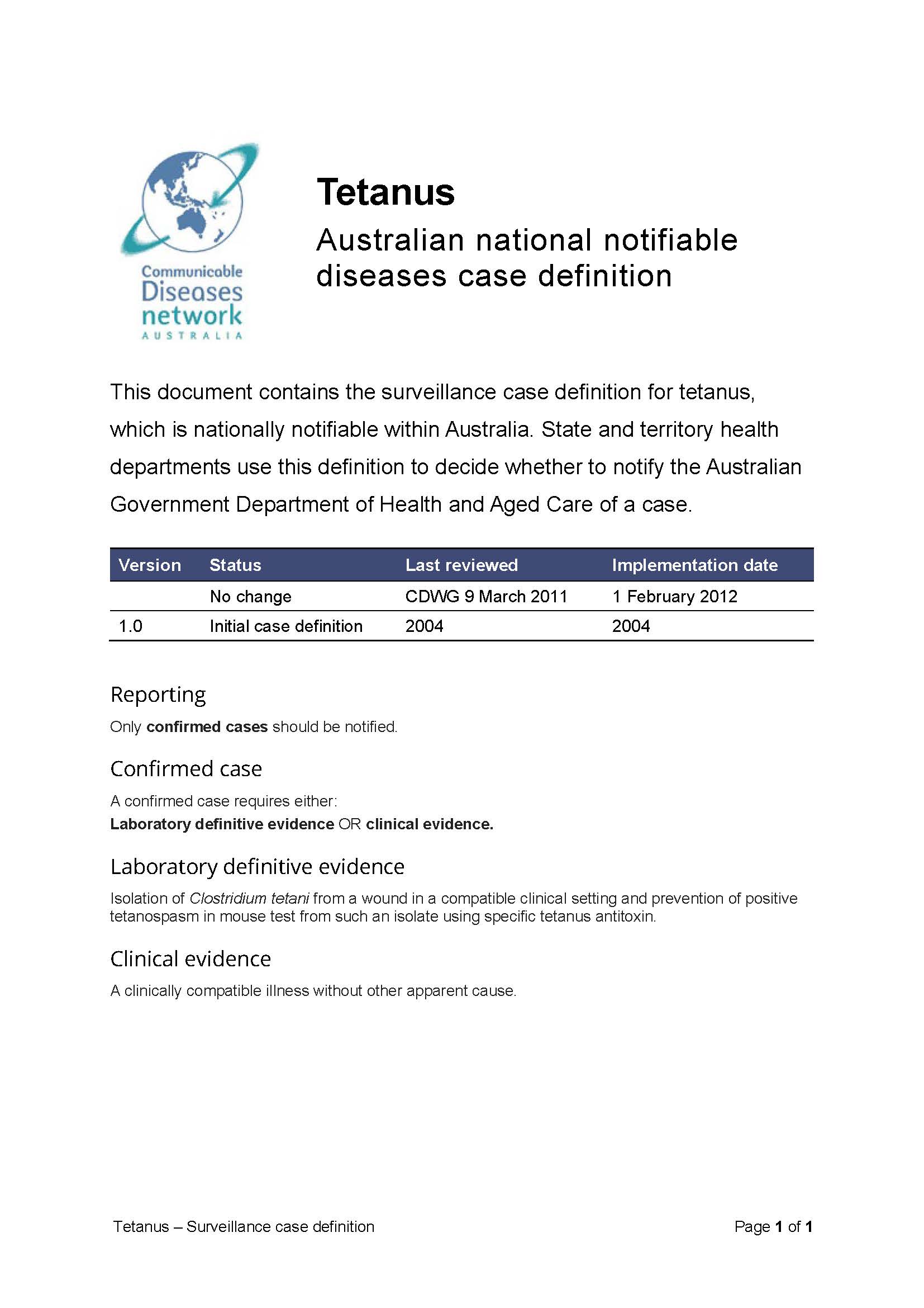 Tetanus – Surveillance case definition
