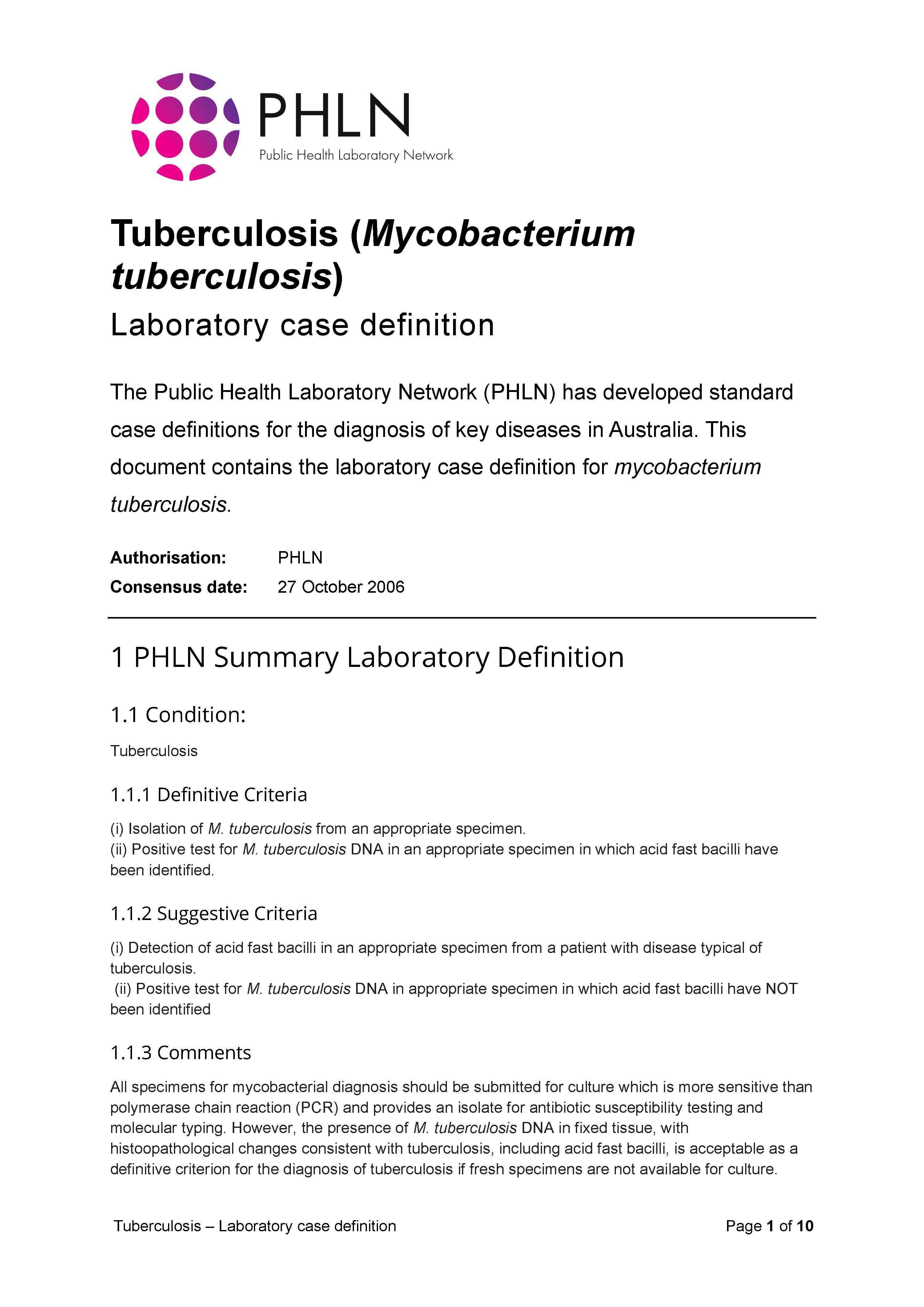 Tuberculosis – Laboratory case definition