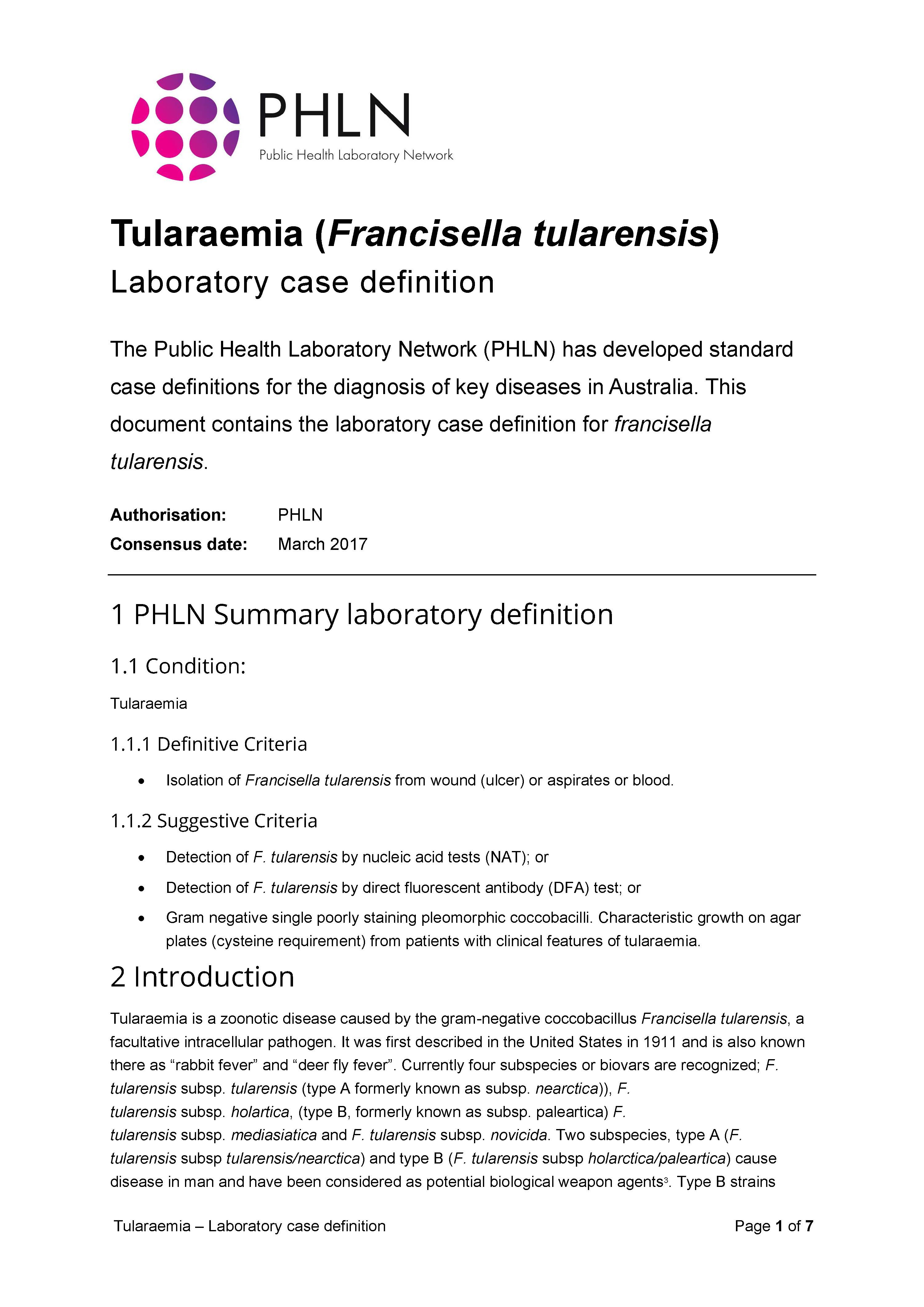 Tularaemia – Laboratory case definition