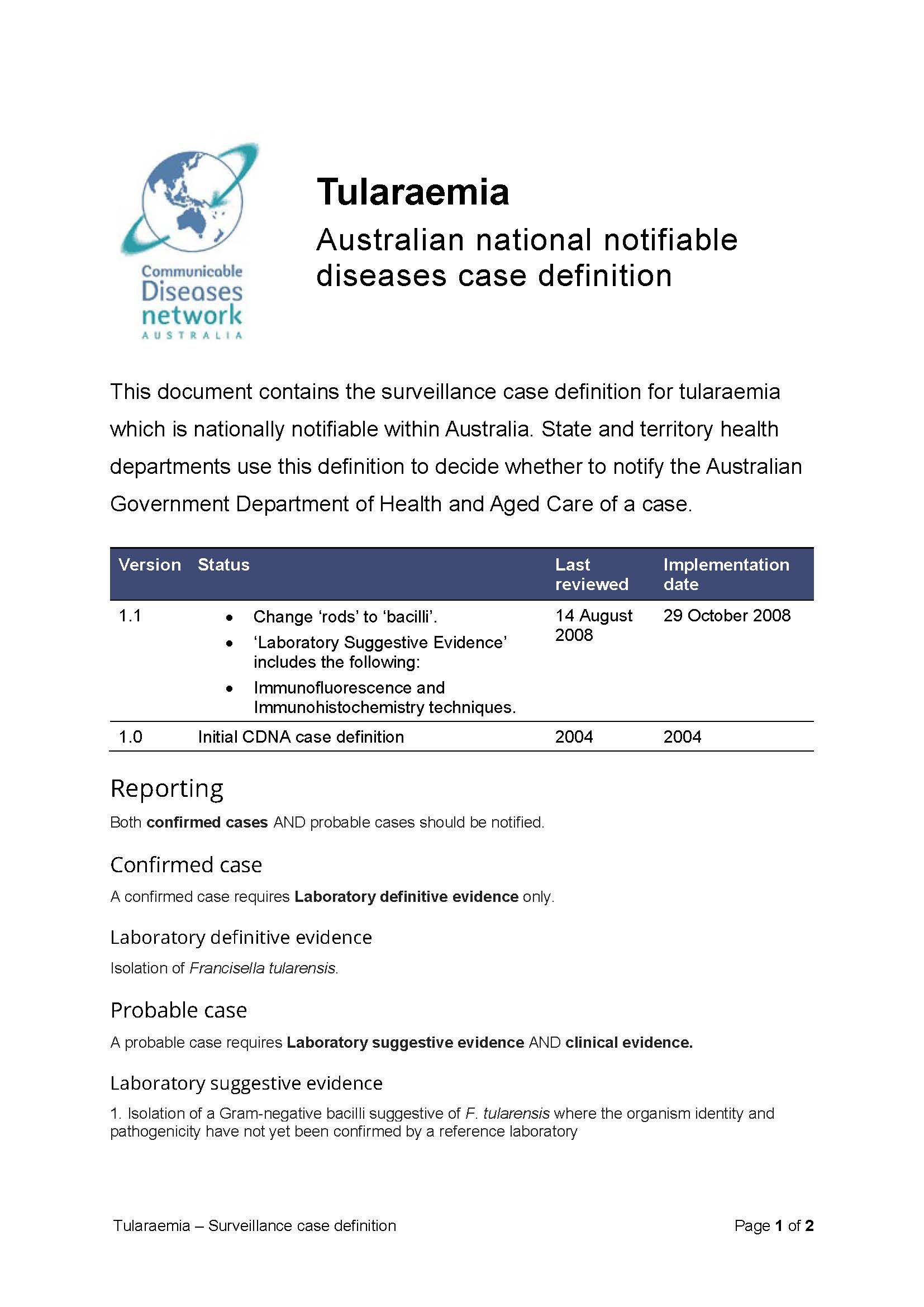 Tularaemia – Surveillance case definition