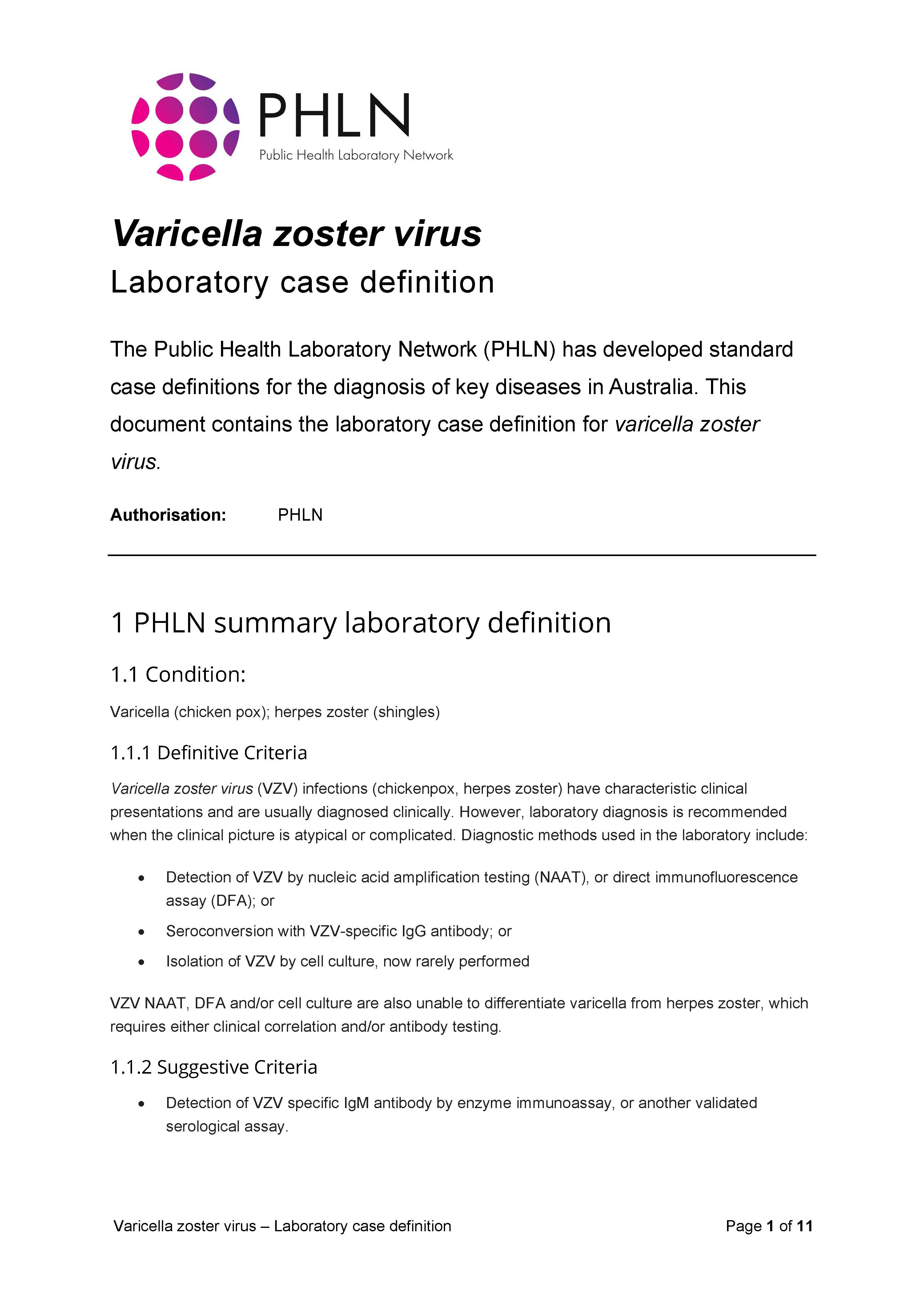 Varicella zoster virus – Laboratory case definition