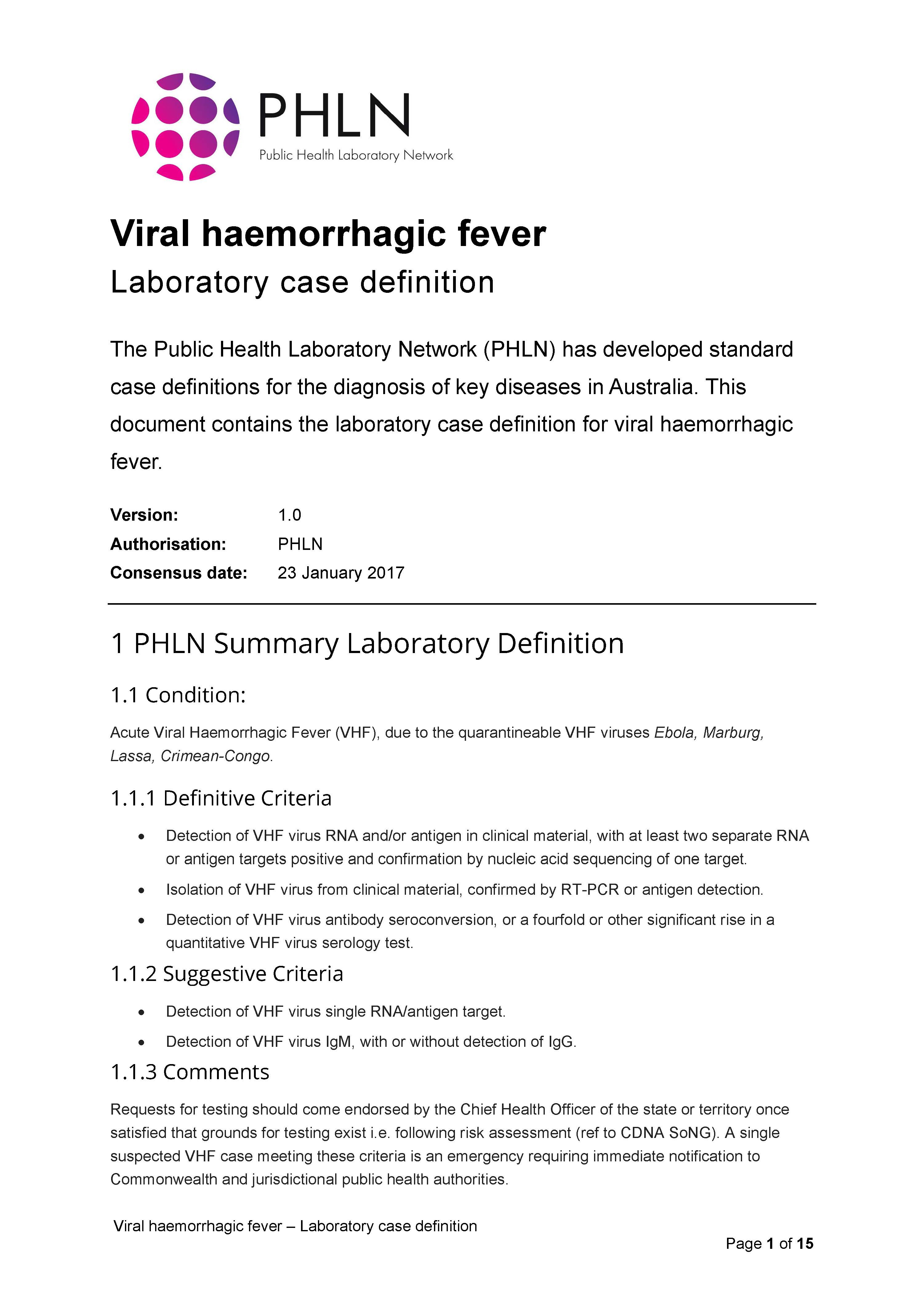 Viral haemorrhagic fever – Laboratory case definition