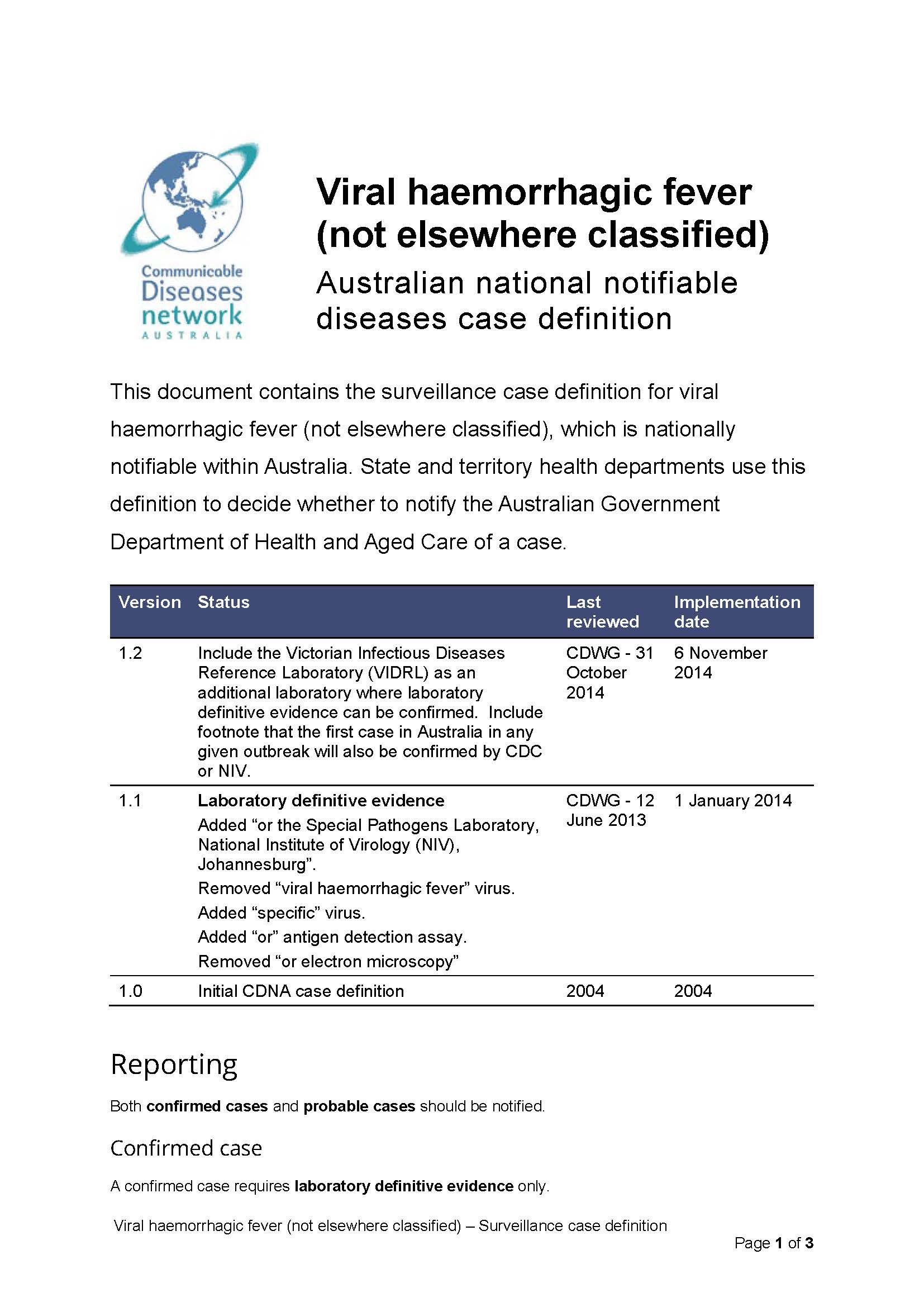 Viral haemorrhagic fever (not elsewhere classified) – Surveillance case definition