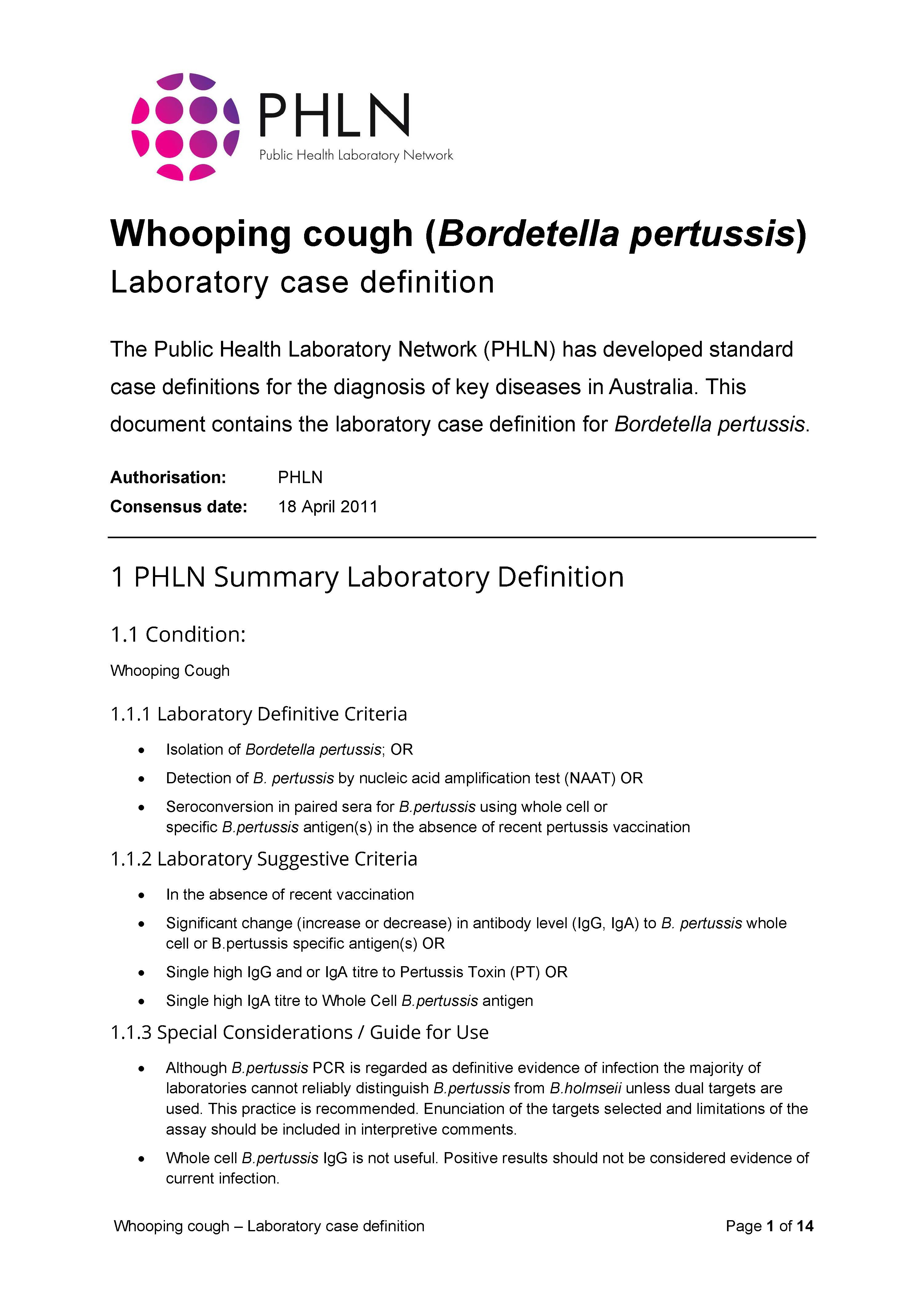 Whooping cough – Laboratory case definition