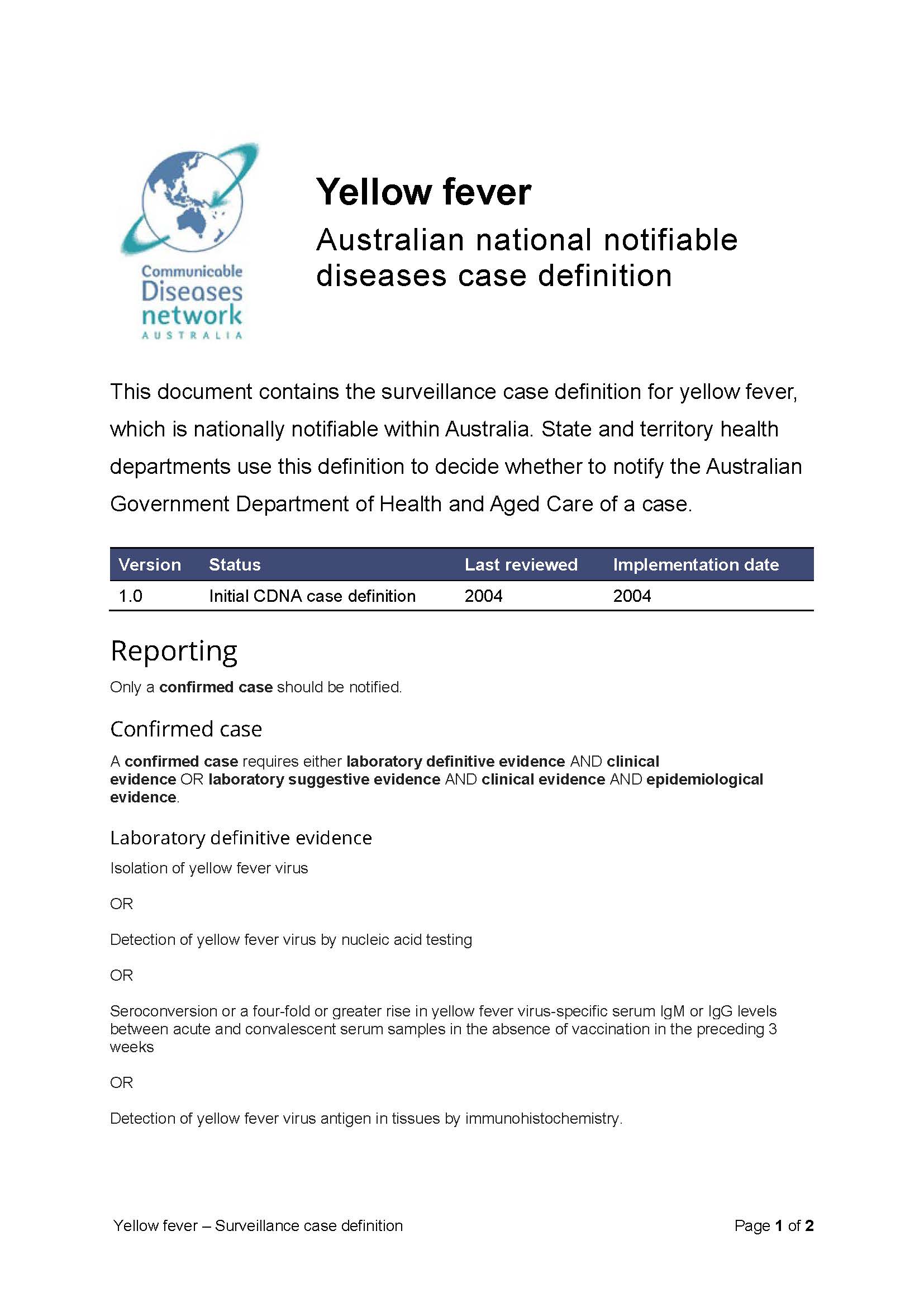 Yellow fever – Surveillance case definition