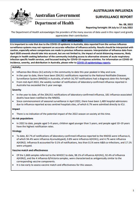 Cover image for Australian Influenza Surveillance Report 8 2022