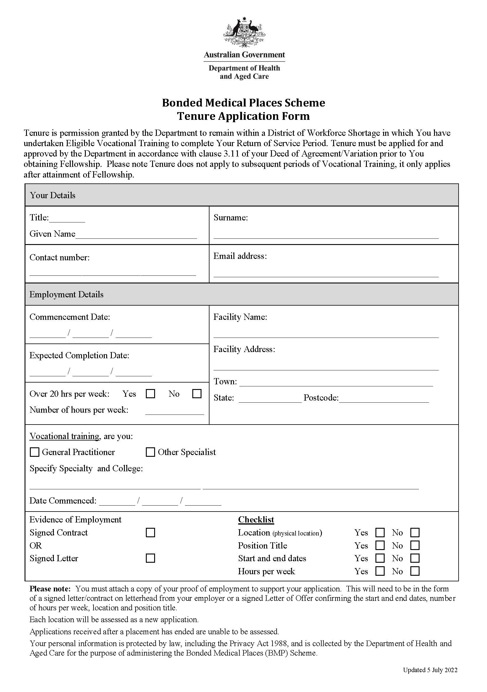 Bonded Medical Programs - Tenure application form - Cover Image 