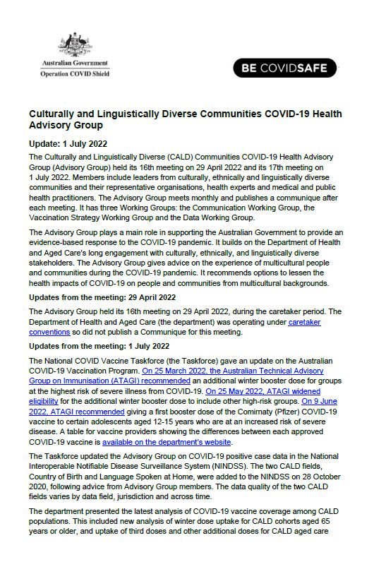 CALD COVID-19 Advisory Group communique – 1 July 2022 