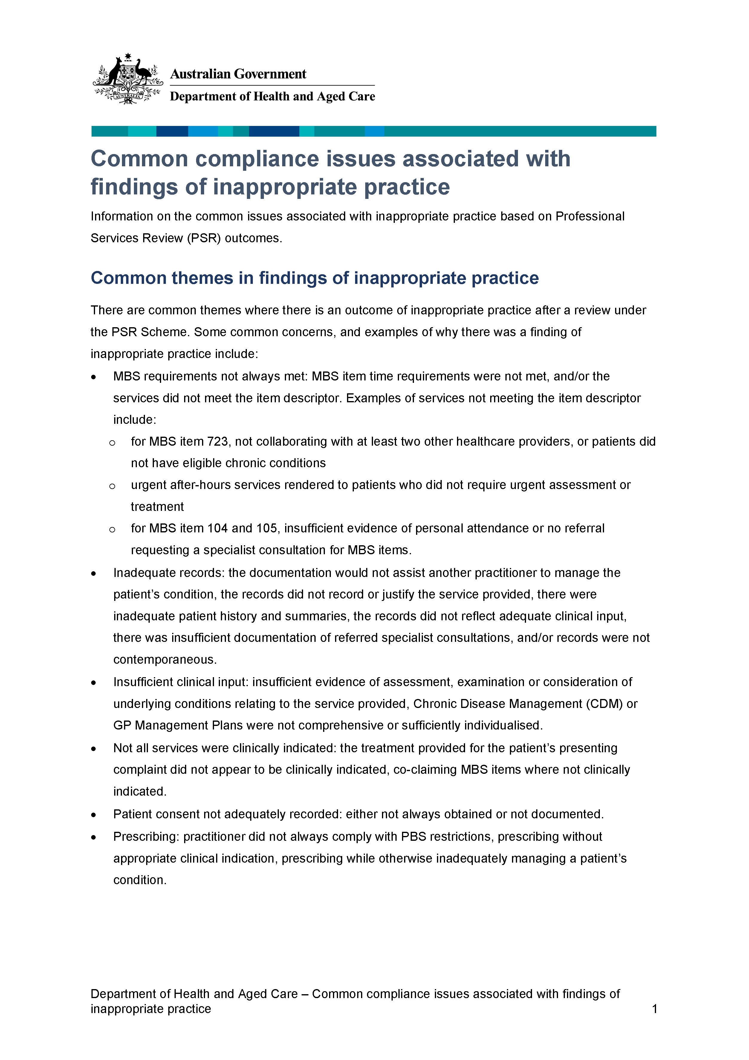 Common compliance issues associated with findings of inappropriate practice (Attachment C)