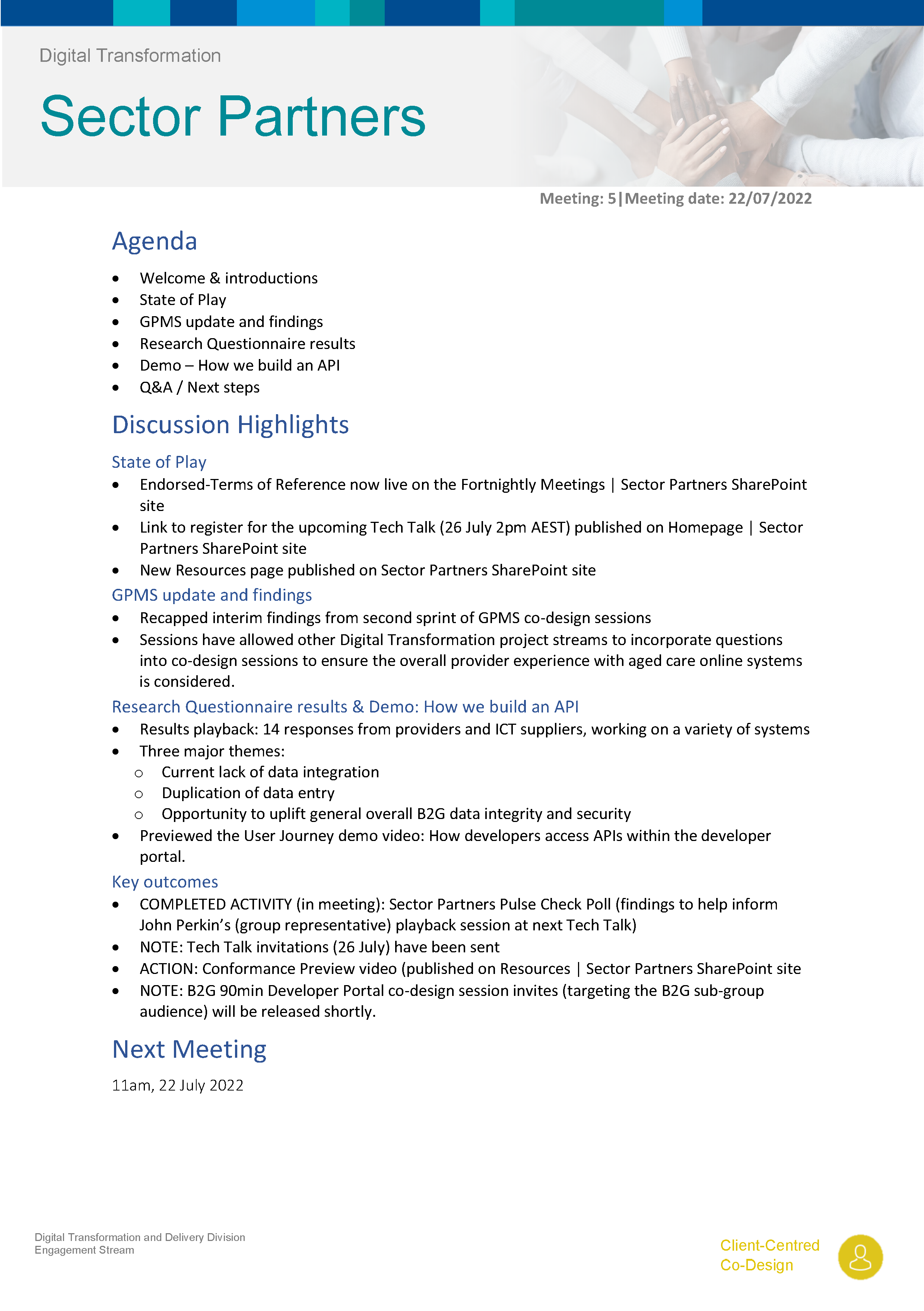 Digital Transformation Sector Partners meeting summary – 22 July 2022