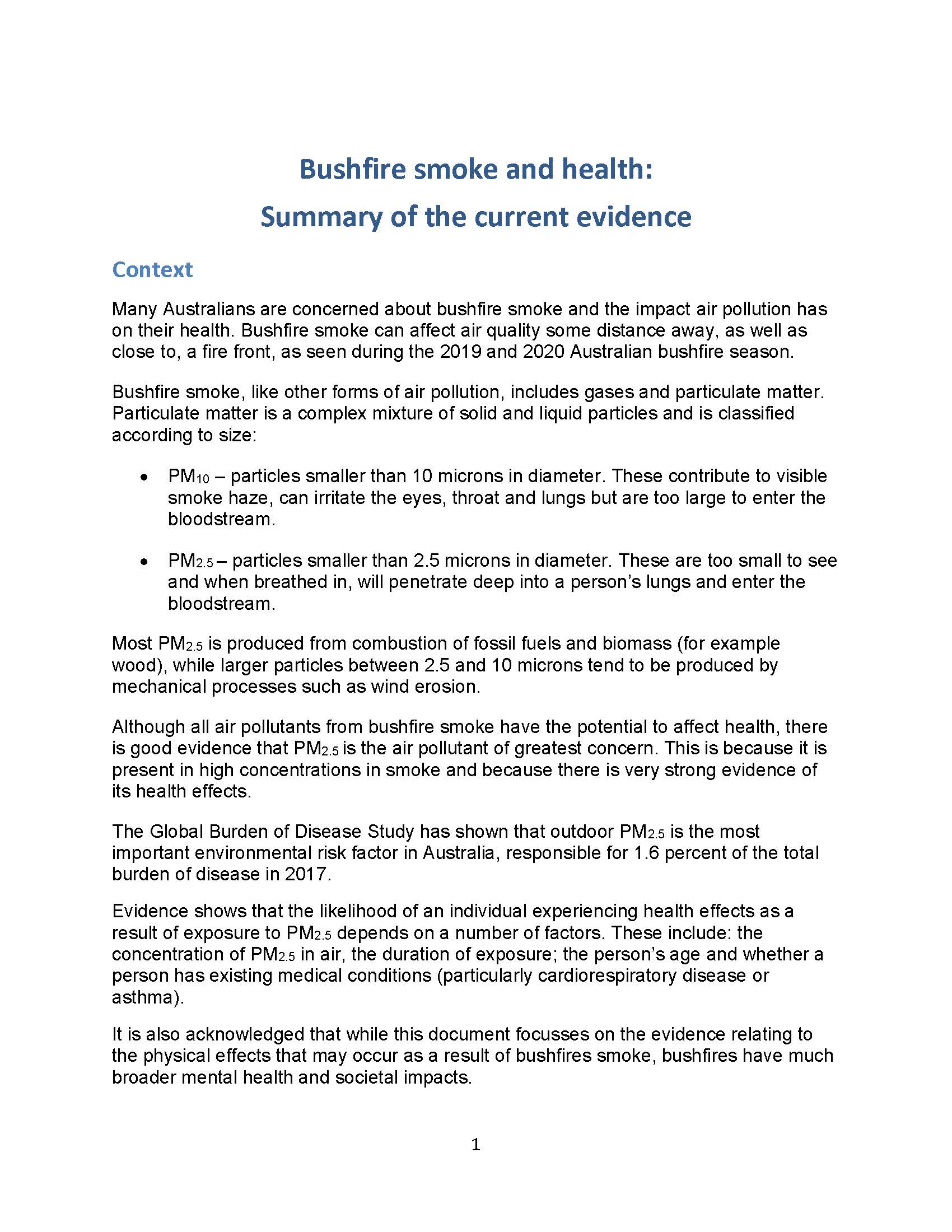 Cover image for enHealth guidance – Bushfire smoke and health – Summary of the current evidence