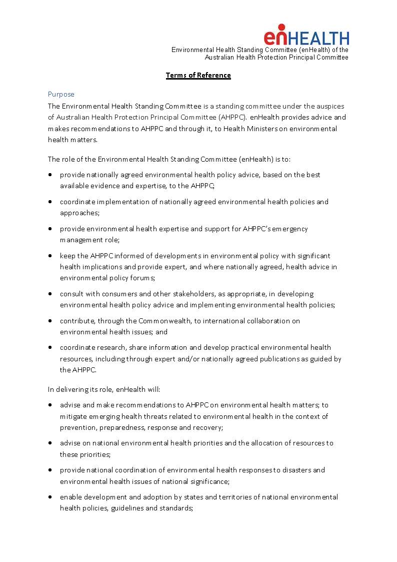 Cover image for Environmental health standing committee (enHealth) – Terms of reference
