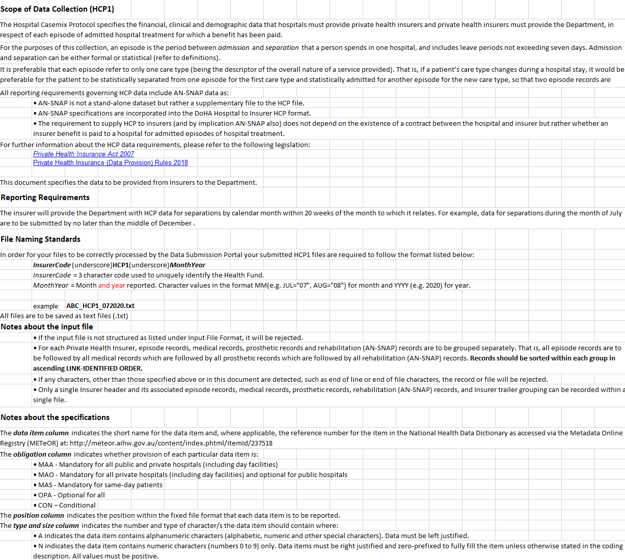 HCP data specifications – HCP1 – Insurer to department