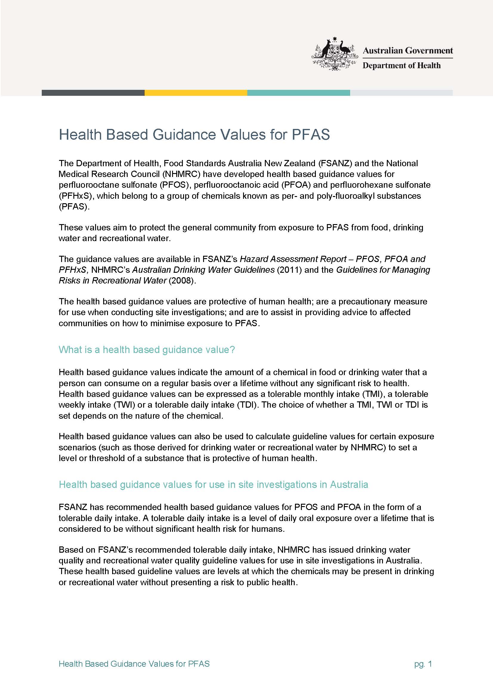 Cover image for Health based guidance values for PFAS for use in site investigations in Australia