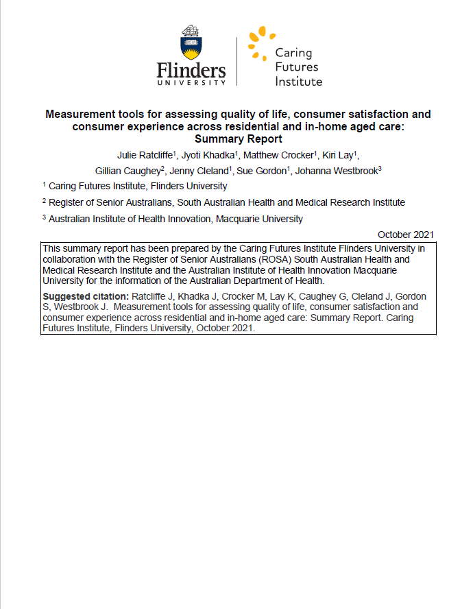 Measurement tools for assessing quality of life, consumer satisfaction and consumer experience across residential and in-home aged care – Summary report