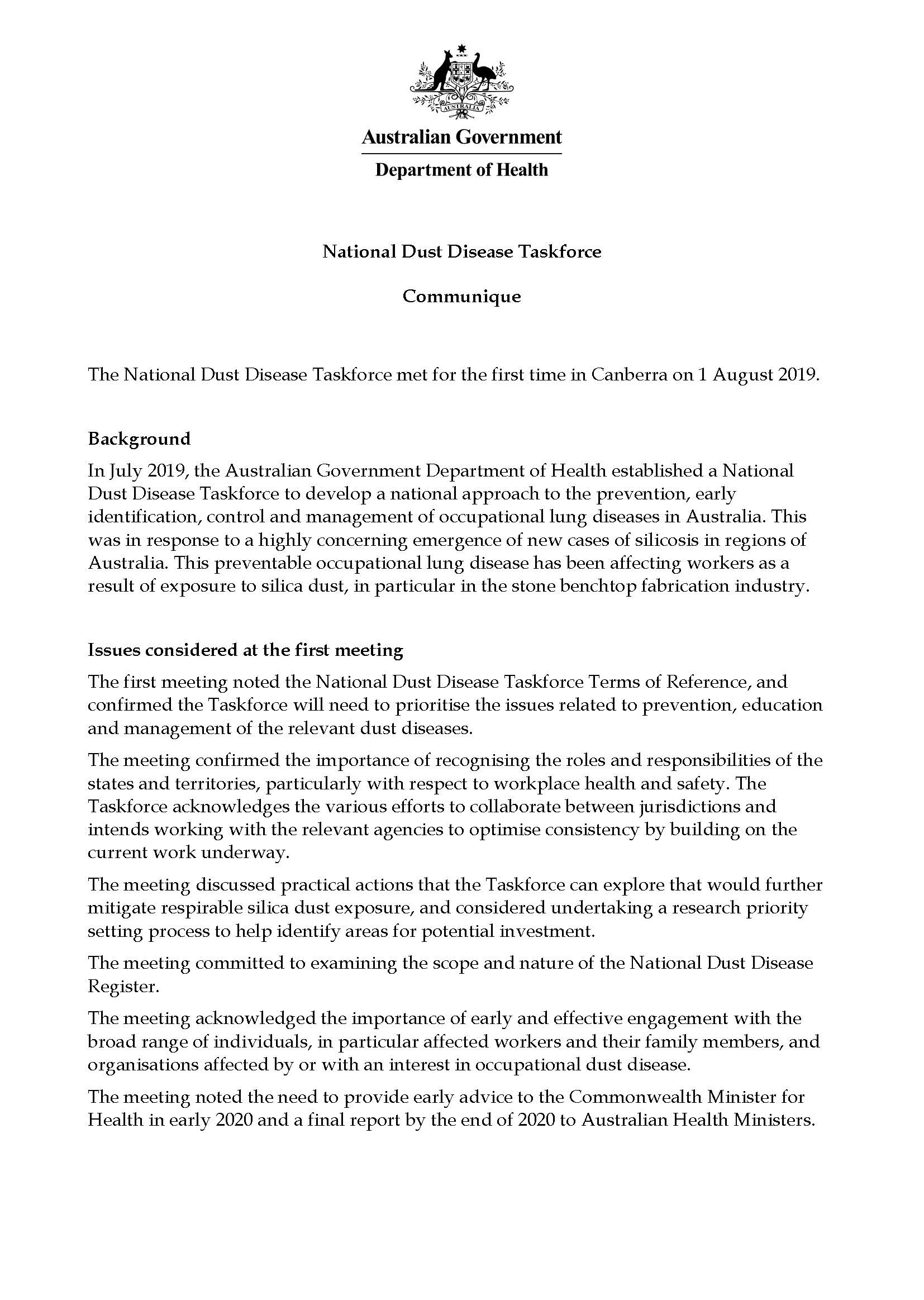 Cover image for National Dust Disease Taskforce Communique – 1 August 2019
