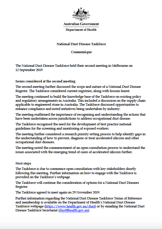 Cover image for National Dust Disease Taskforce communique – 12 September 2019