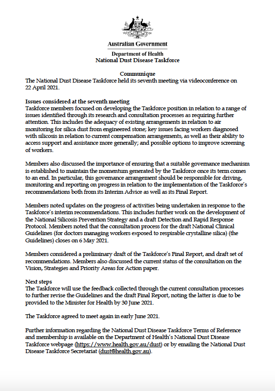 Cover image for National Dust Disease Taskforce communique – 22 April 2021_cover