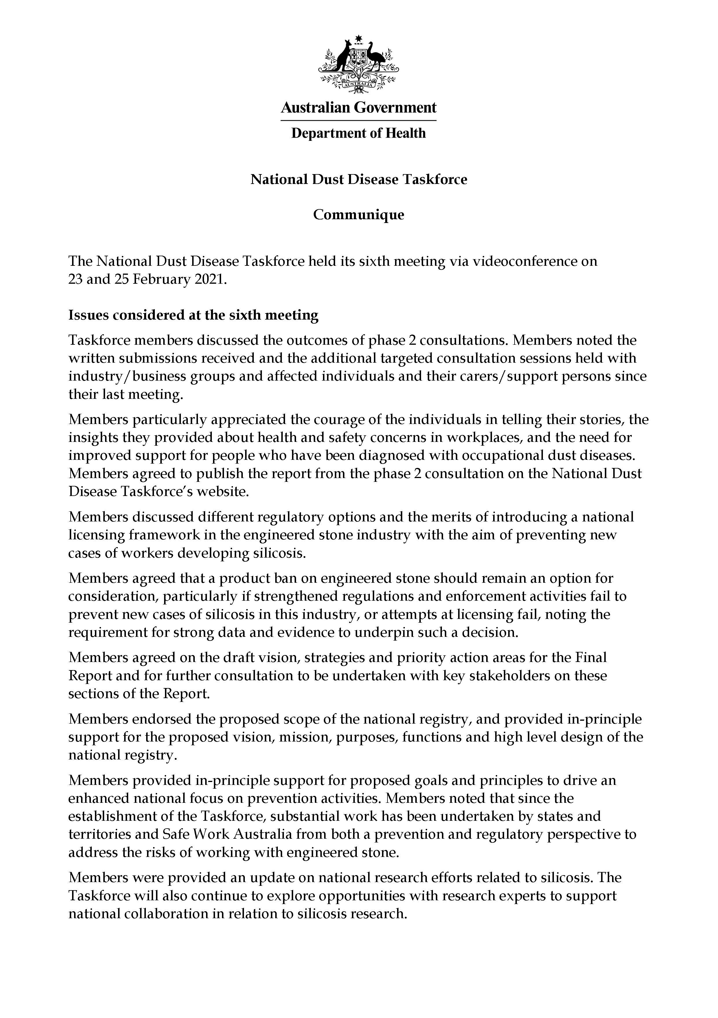 Cover image for National Dust Disease Taskforce Communique – 23 and 25 February 2021