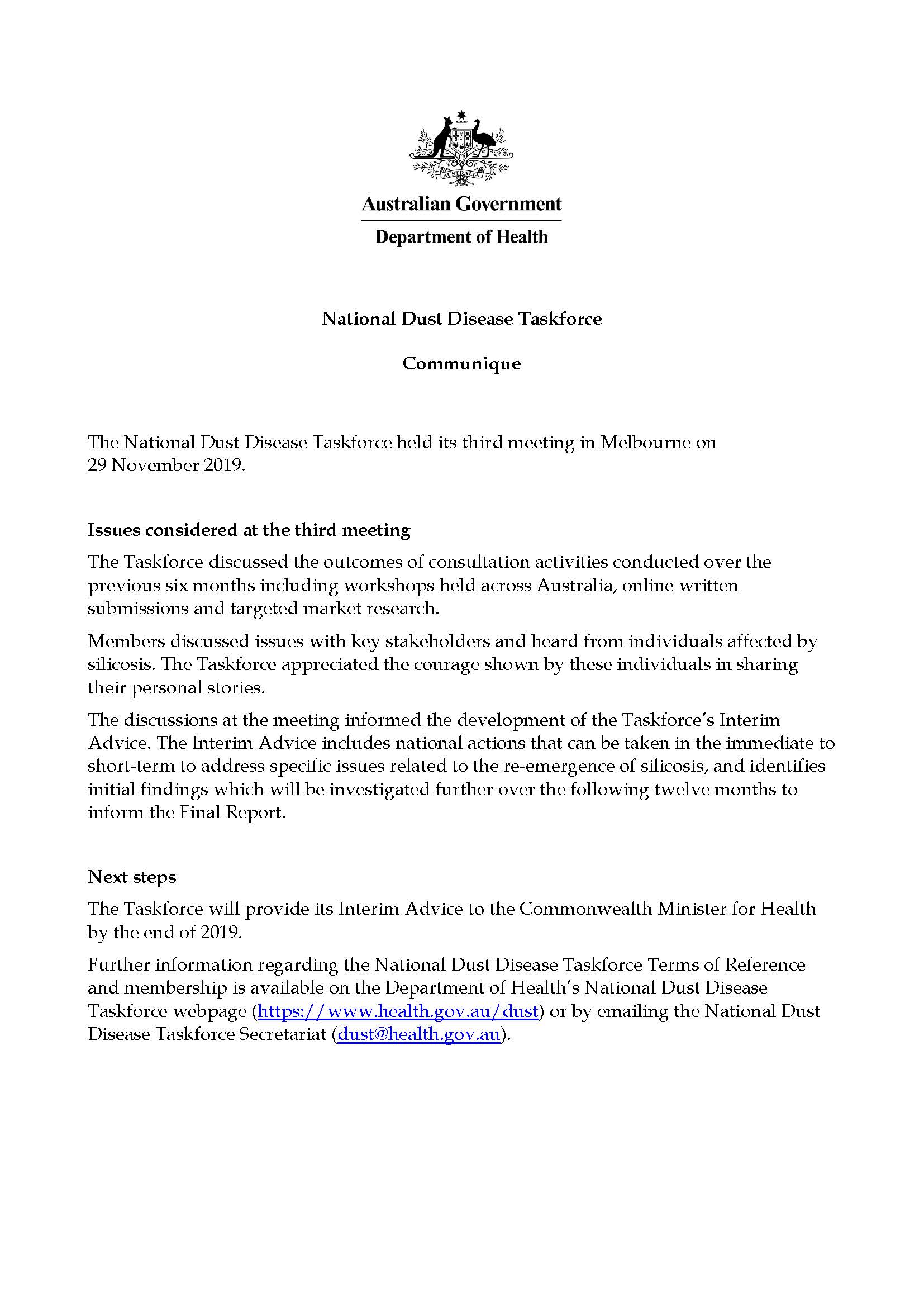 Cover image for National Dust Disease Taskforce Communique – 29 November 2019