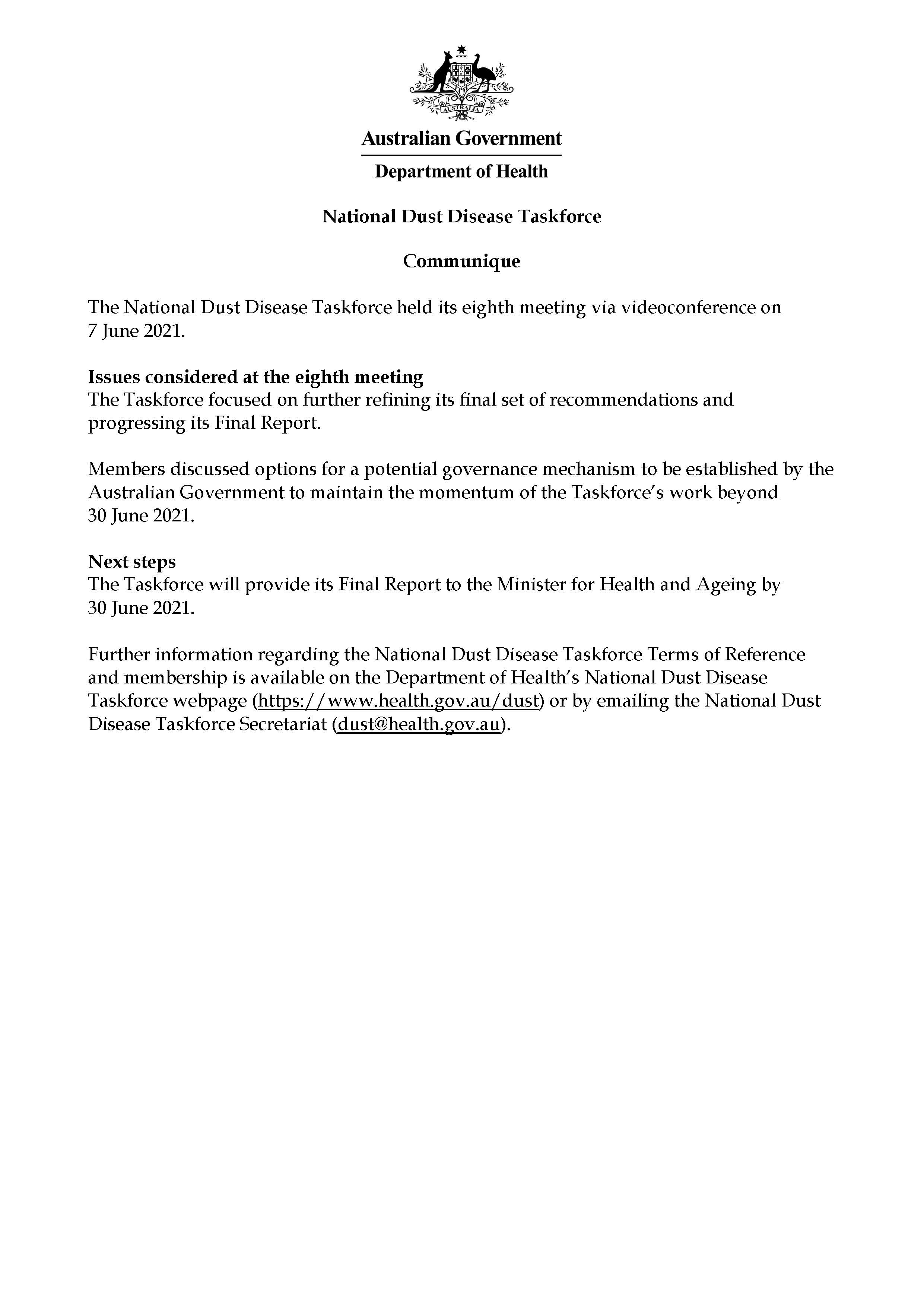 Cover image for National Dust Disease Taskforce Communique – 7 June 2021