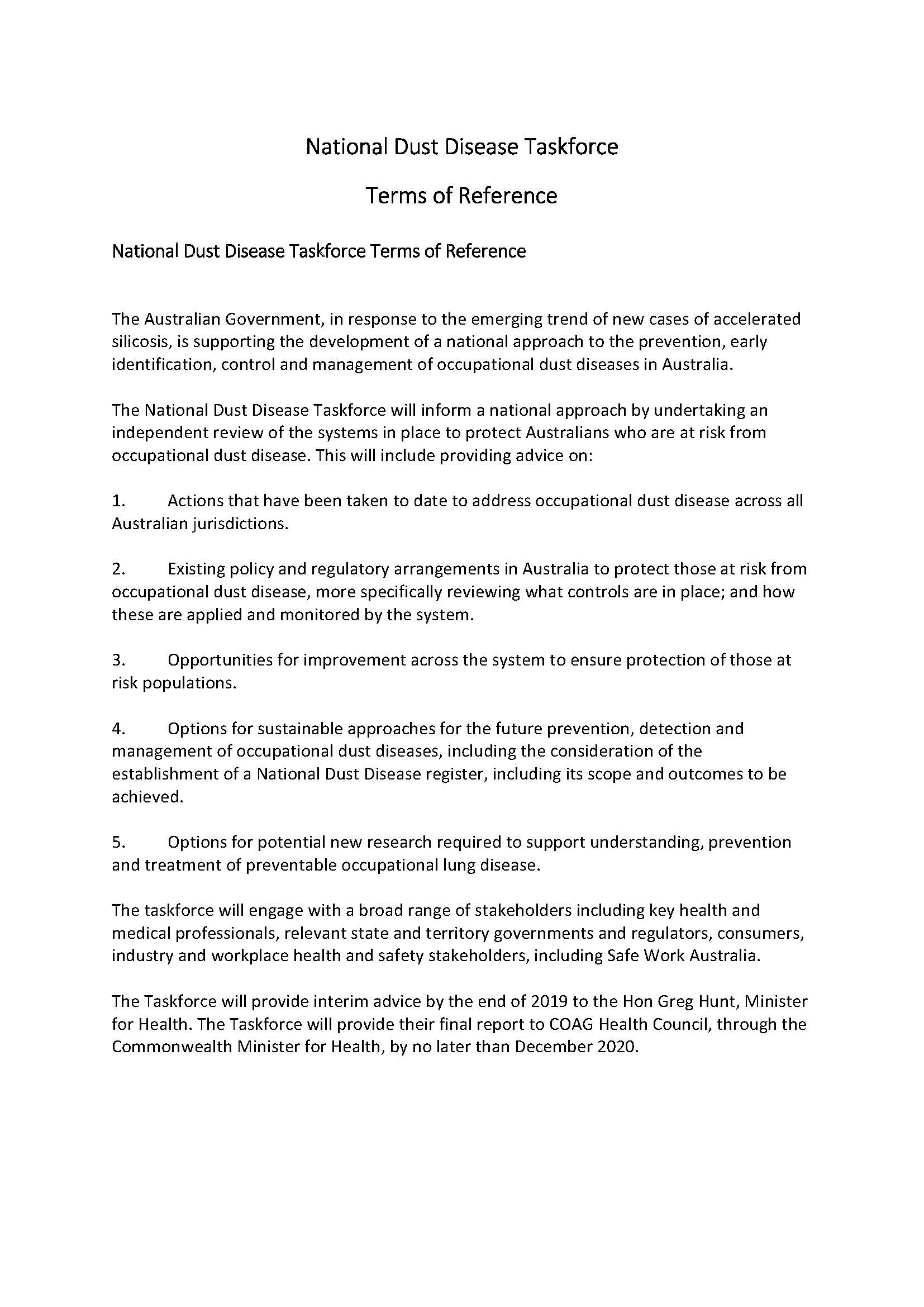 Cover image for National Dust Disease Taskforce – Terms of reference