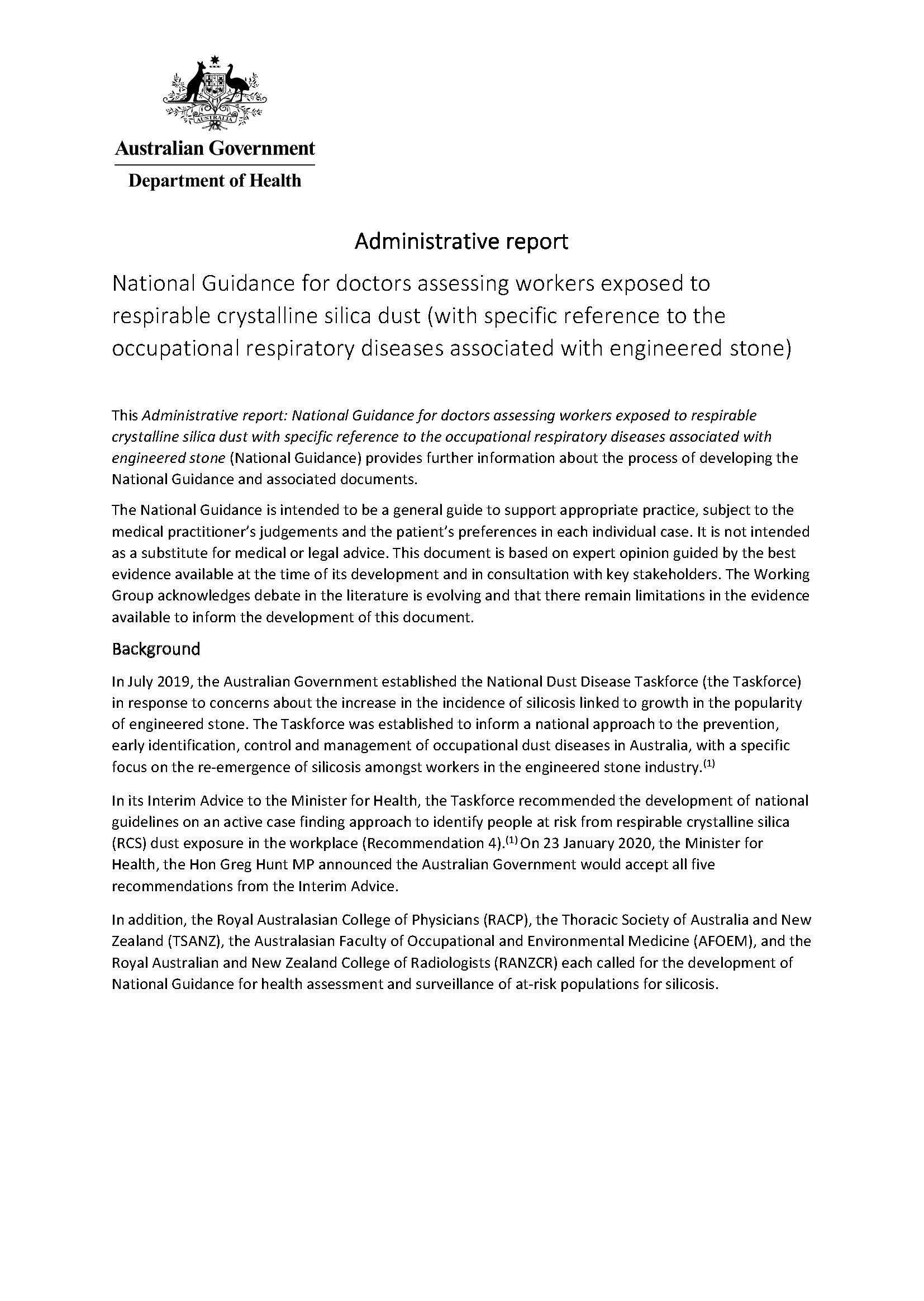 Cover image for National guidance for doctors assessing workers exposed to respirable crystalline silica dust – Administrative guide