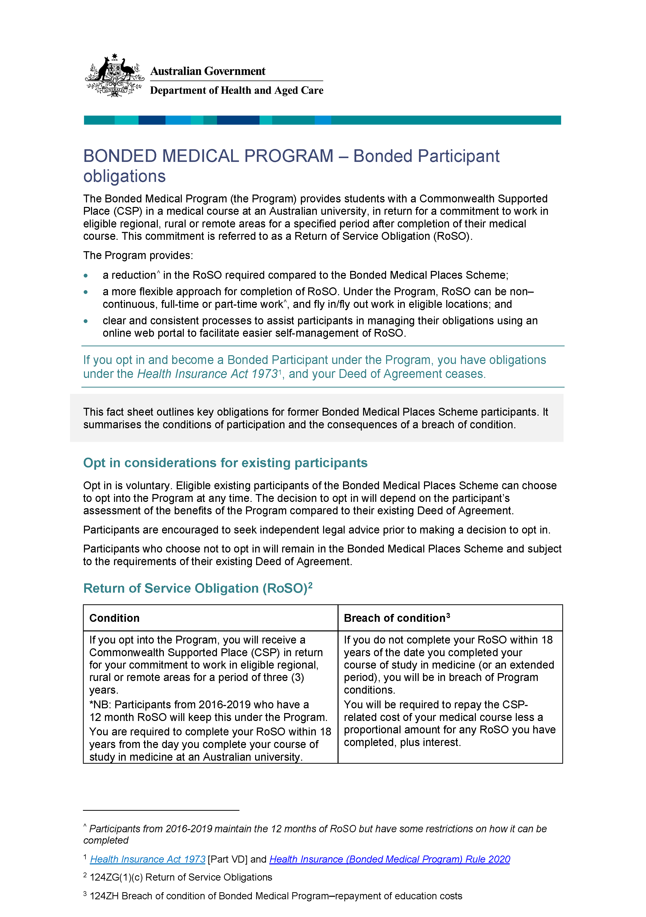 Cover pages from Obligations fact sheet for Bonded Medical Places Scheme participants