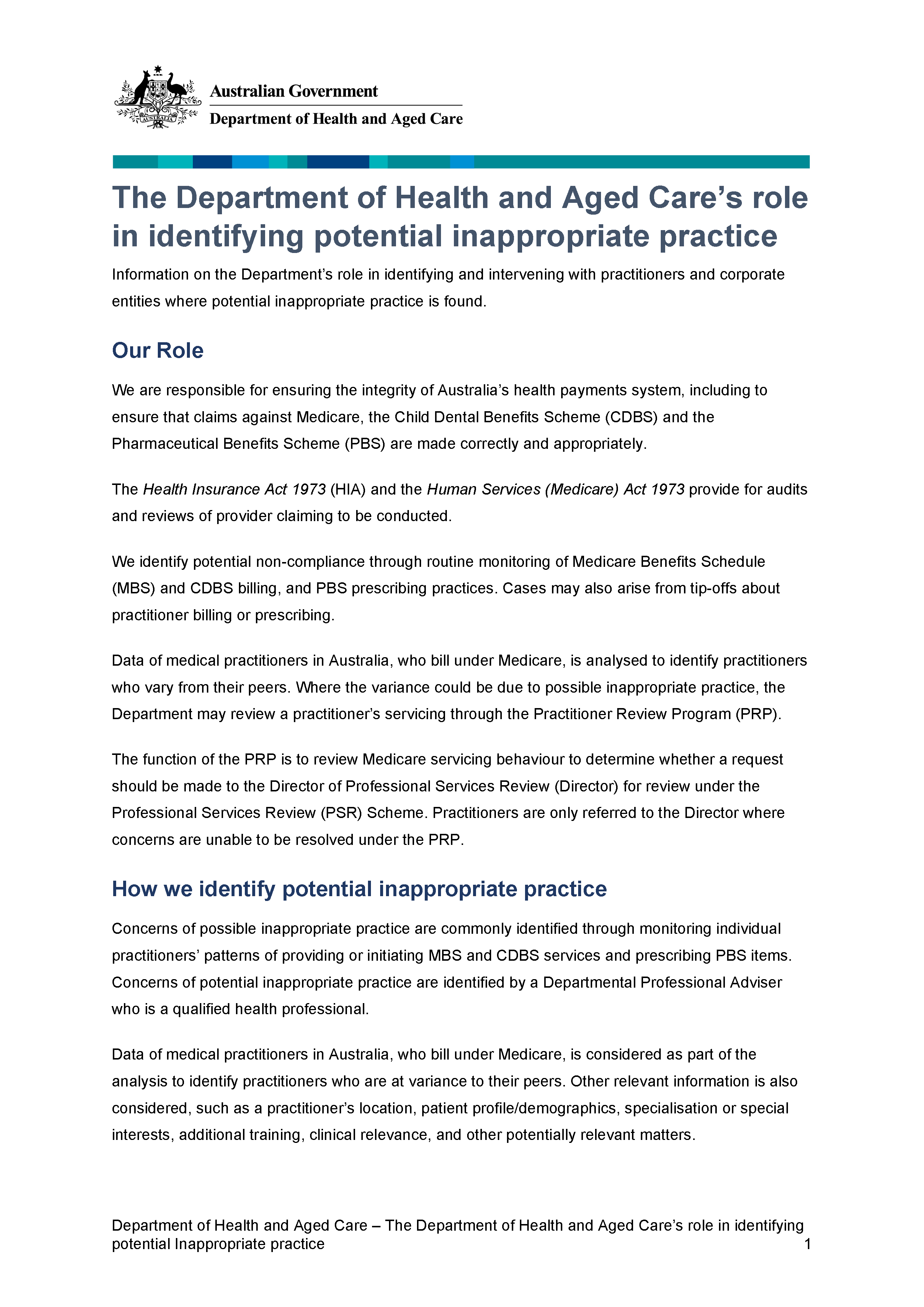 The Department of Health and Aged Care’s role in identifying potential inappropriate practice