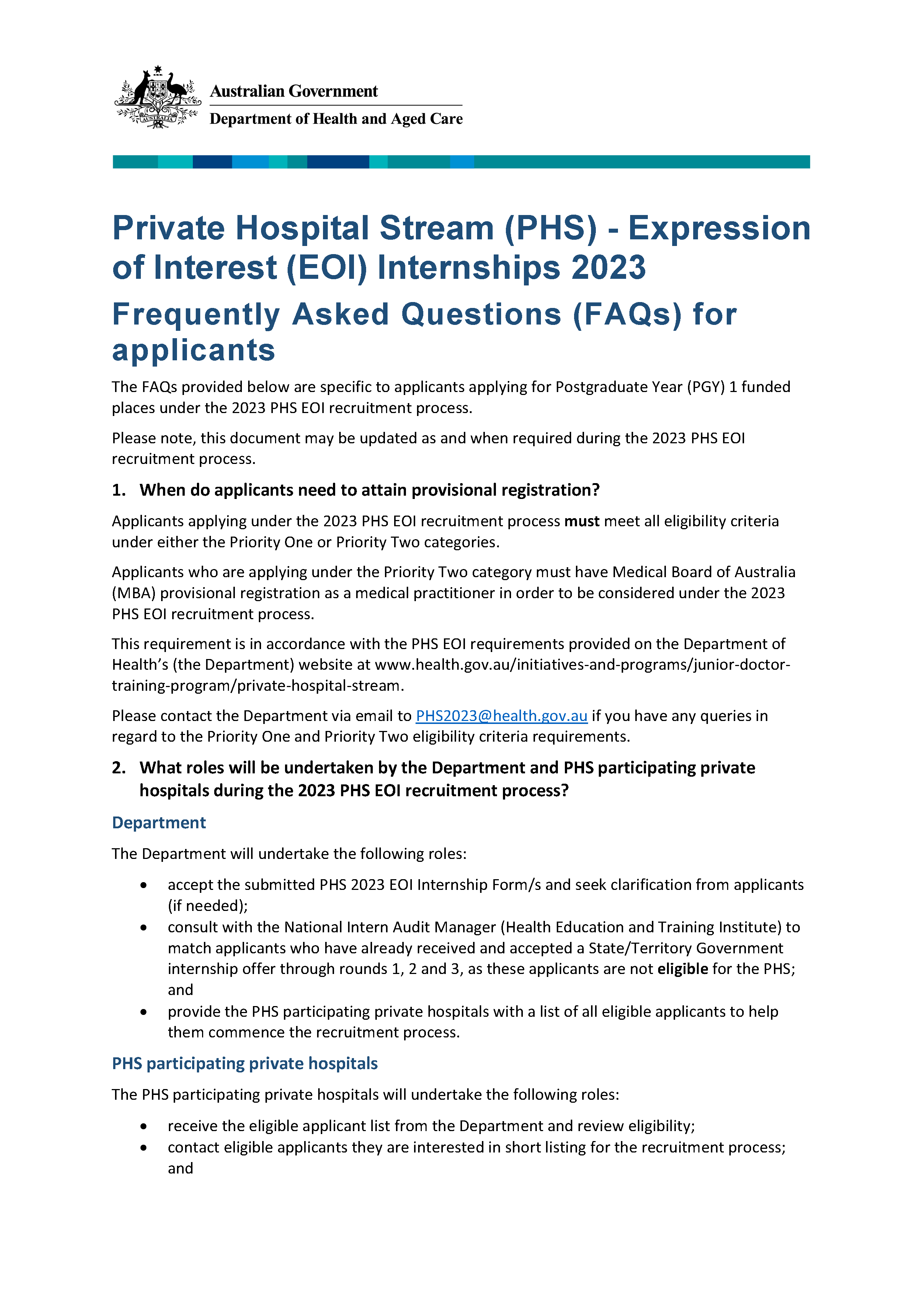 Cover page for Private Hospital Stream (PHS) – Expression of Interest (EOI) Internships 2023 – Frequently asked questions for applicants