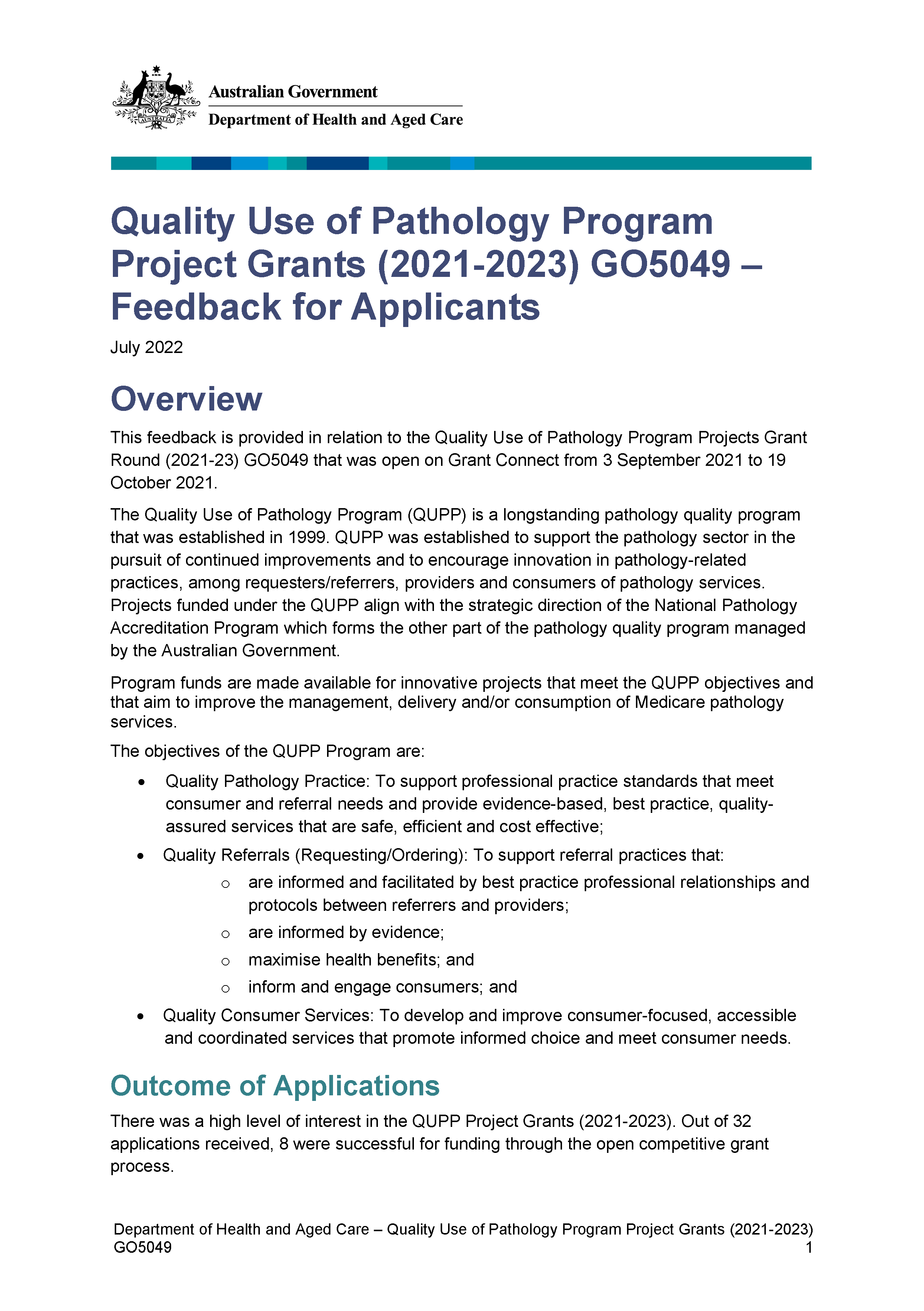 Quality Use of Pathology Program Project Grants (2021-2023) GO5049 – Feedback for applicants