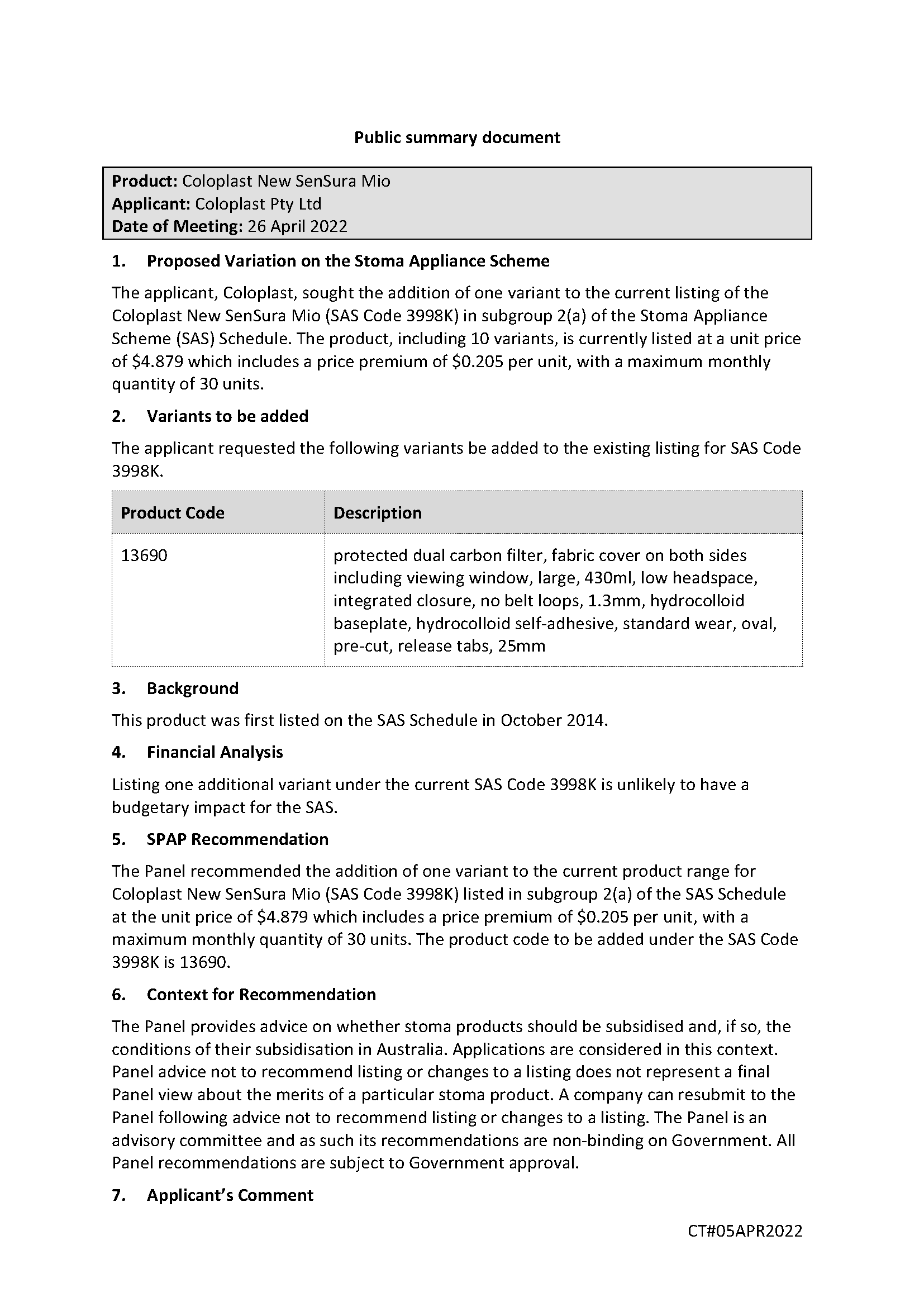 SPAP public summary document – April 2022 – Coloplast New SenSura Mio (SAS code 3998K)