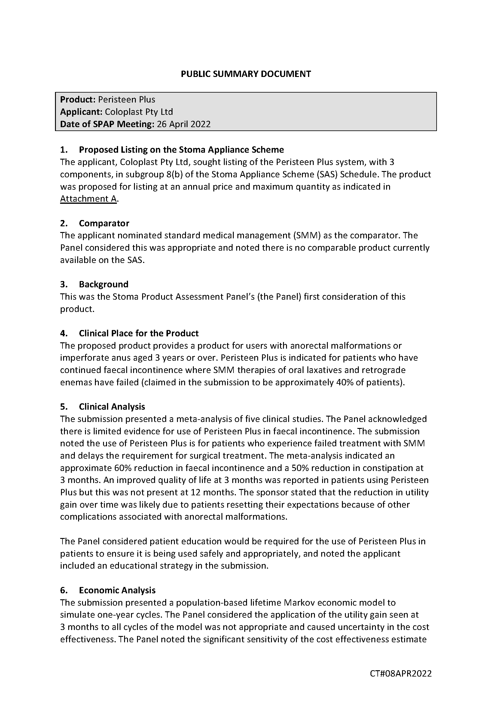 SPAP public summary document – April 2022 – Coloplast Peristeen Plus