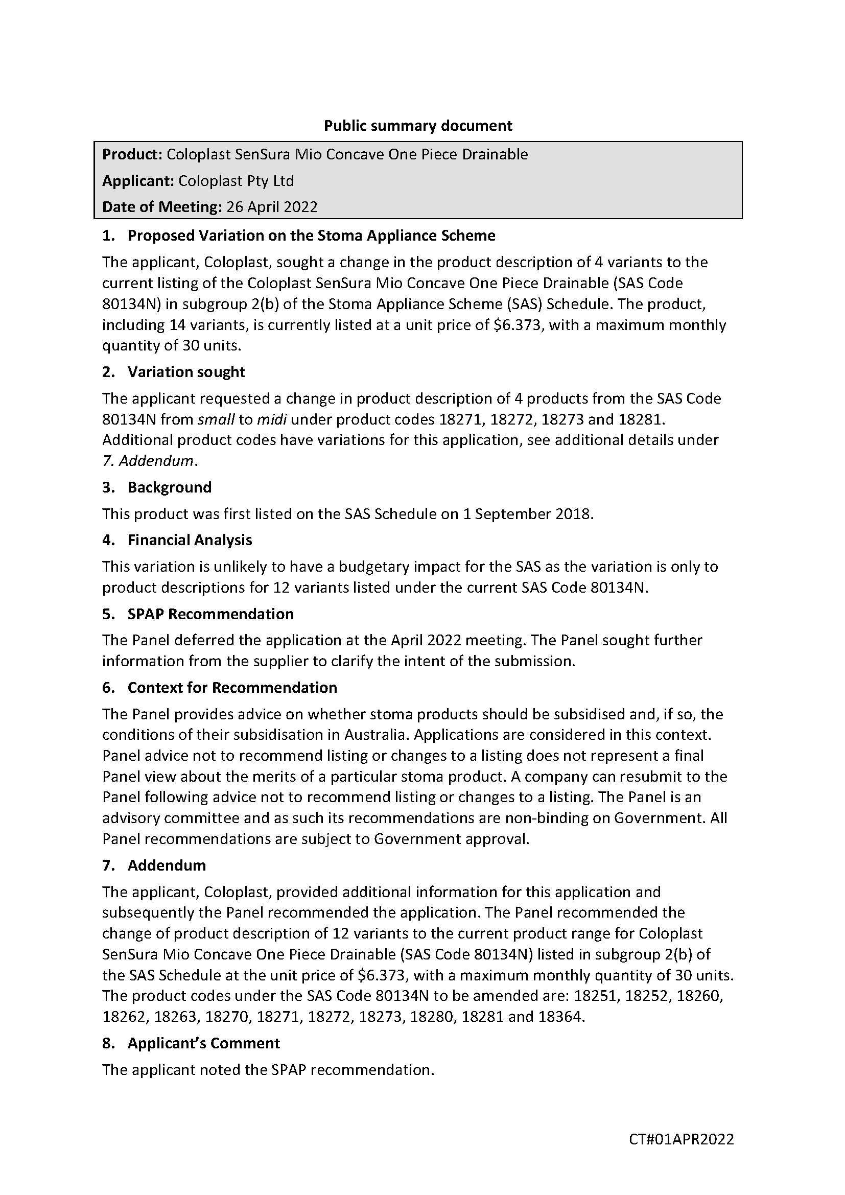 SPAP public summary document – April 2022 – Coloplast SenSura Mio Concave One Piece Drainable (SAS code 80134N)