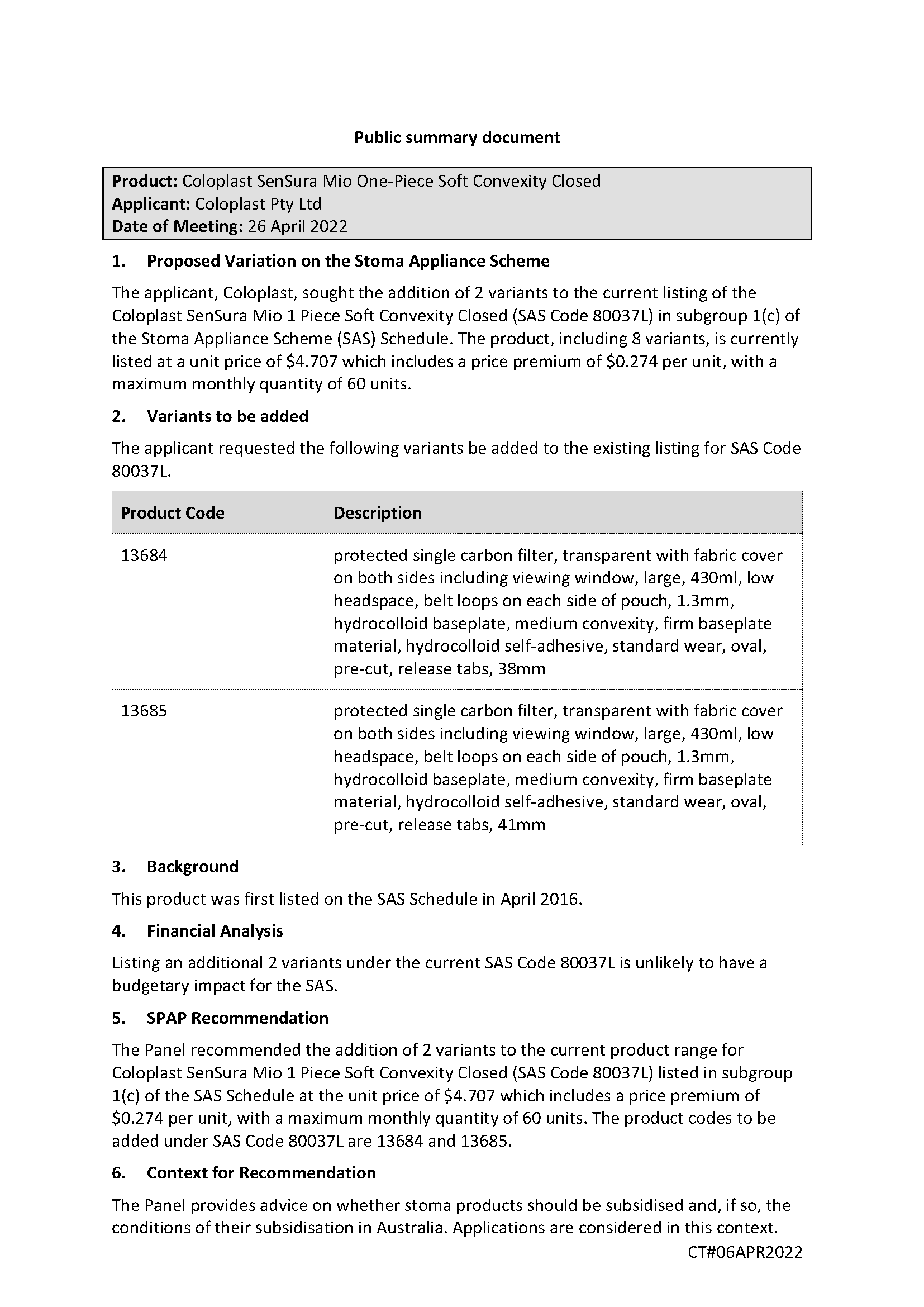 SPAP public summary document – April 2022 – Coloplast SenSura Mio One-Piece Soft Convexity Closed (SAS code 80037L)
