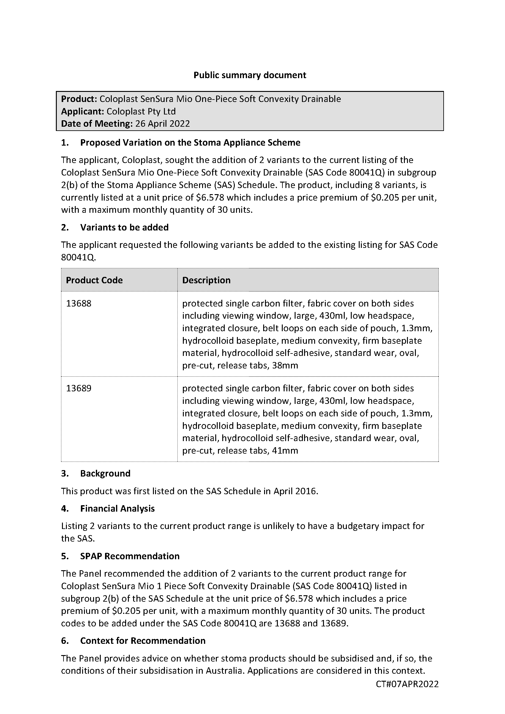 SPAP public summary document – April 2022 – Coloplast SenSura Mio One-Piece Soft Convexity Closed (SAS code 80041Q)