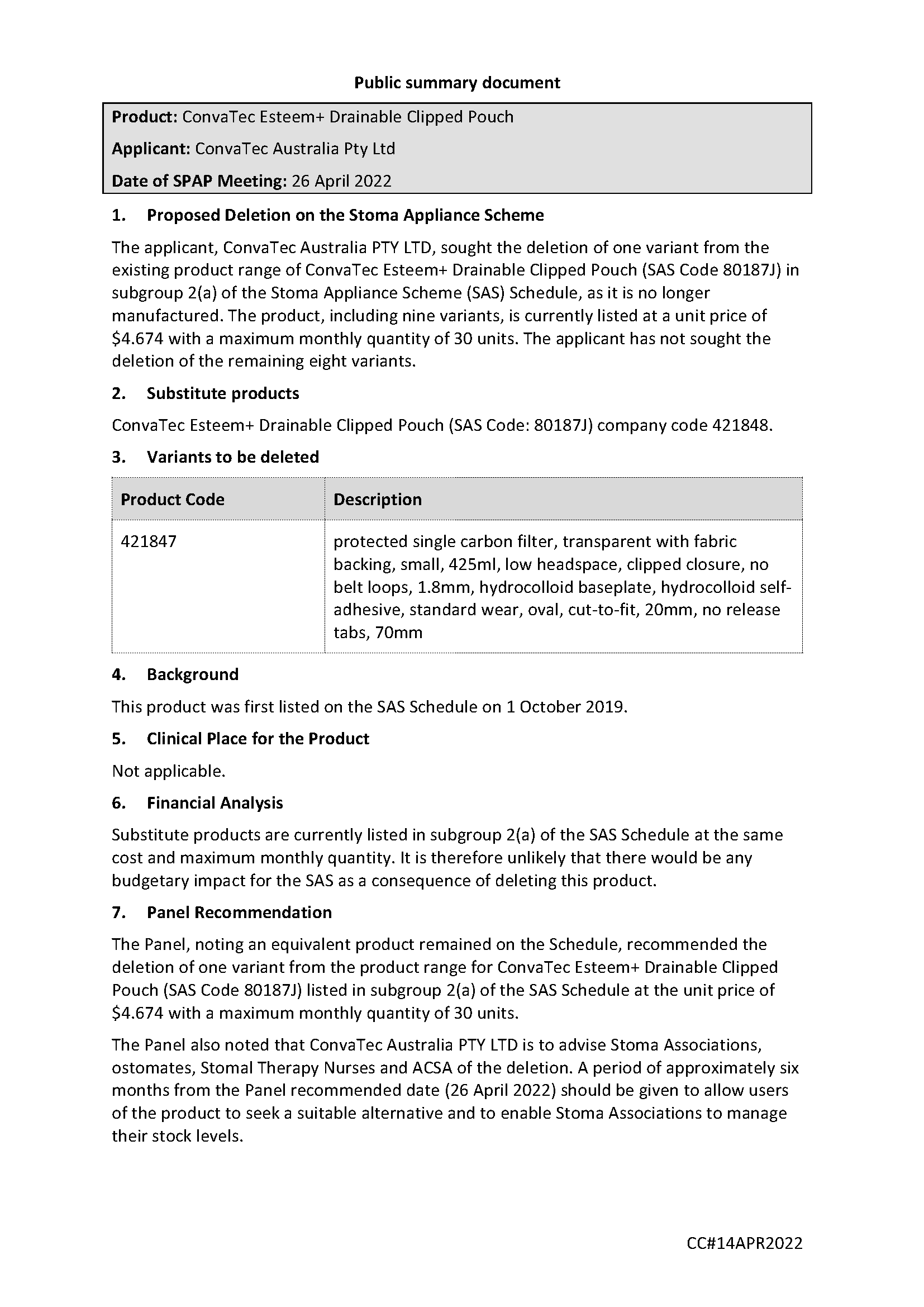 SPAP public summary document – April 2022 – ConvaTec Esteem+ Drainable Clipped Pouch  – SAS Code 80187J