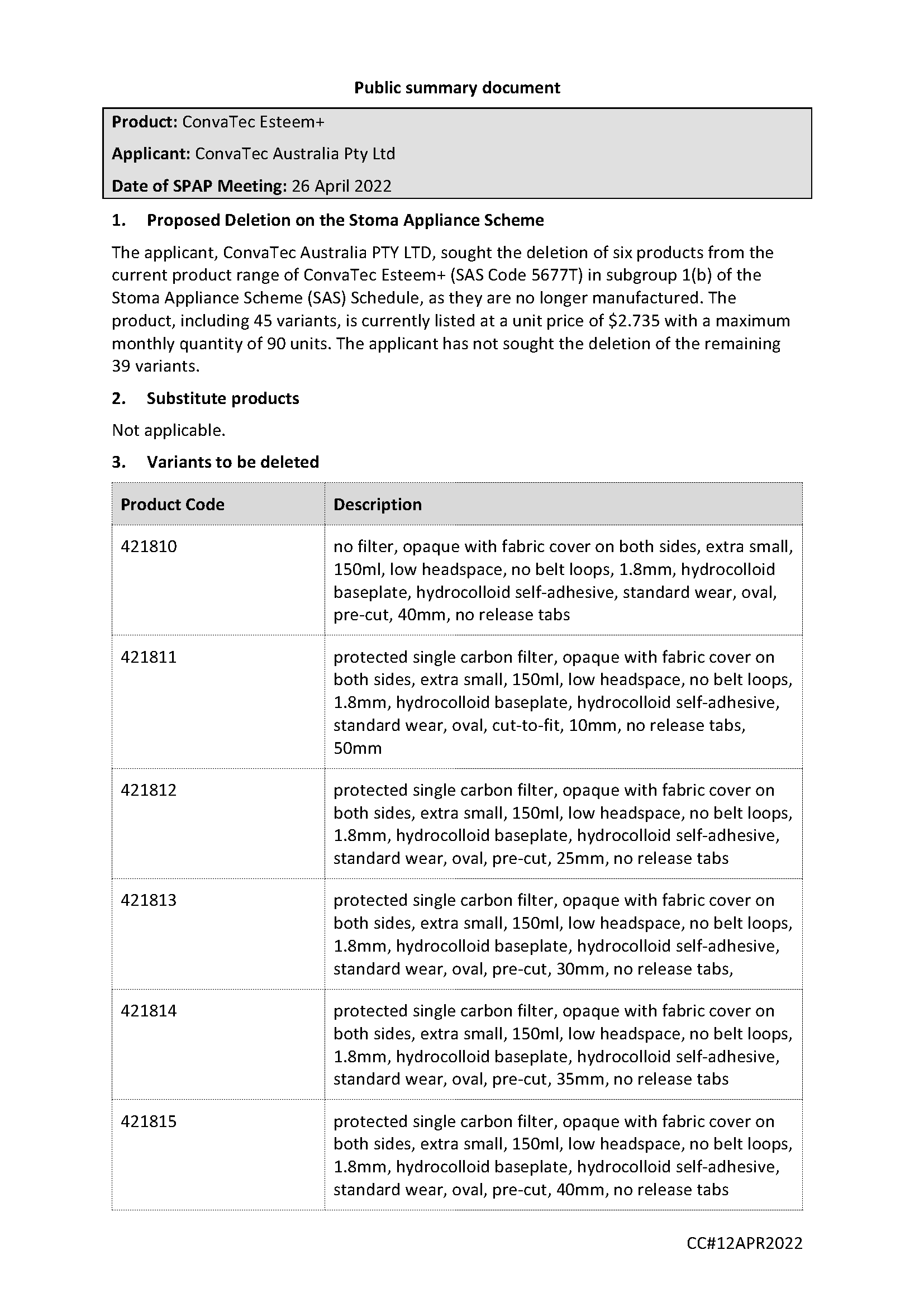 SPAP public summary document – April 2022 – ConvaTec Esteem+ – SAS Code 5677T