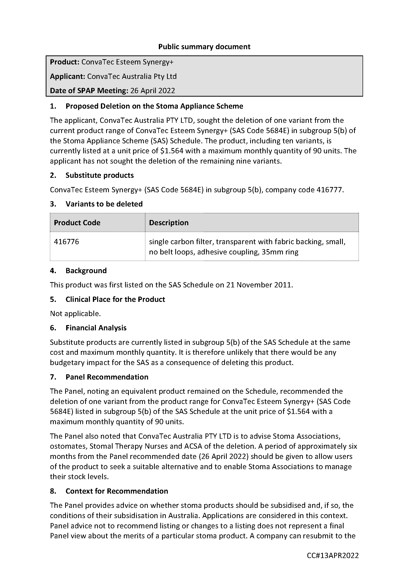 SPAP public summary document – April 2022 – ConvaTec Esteem Synergy+ – SAS Code 5684E