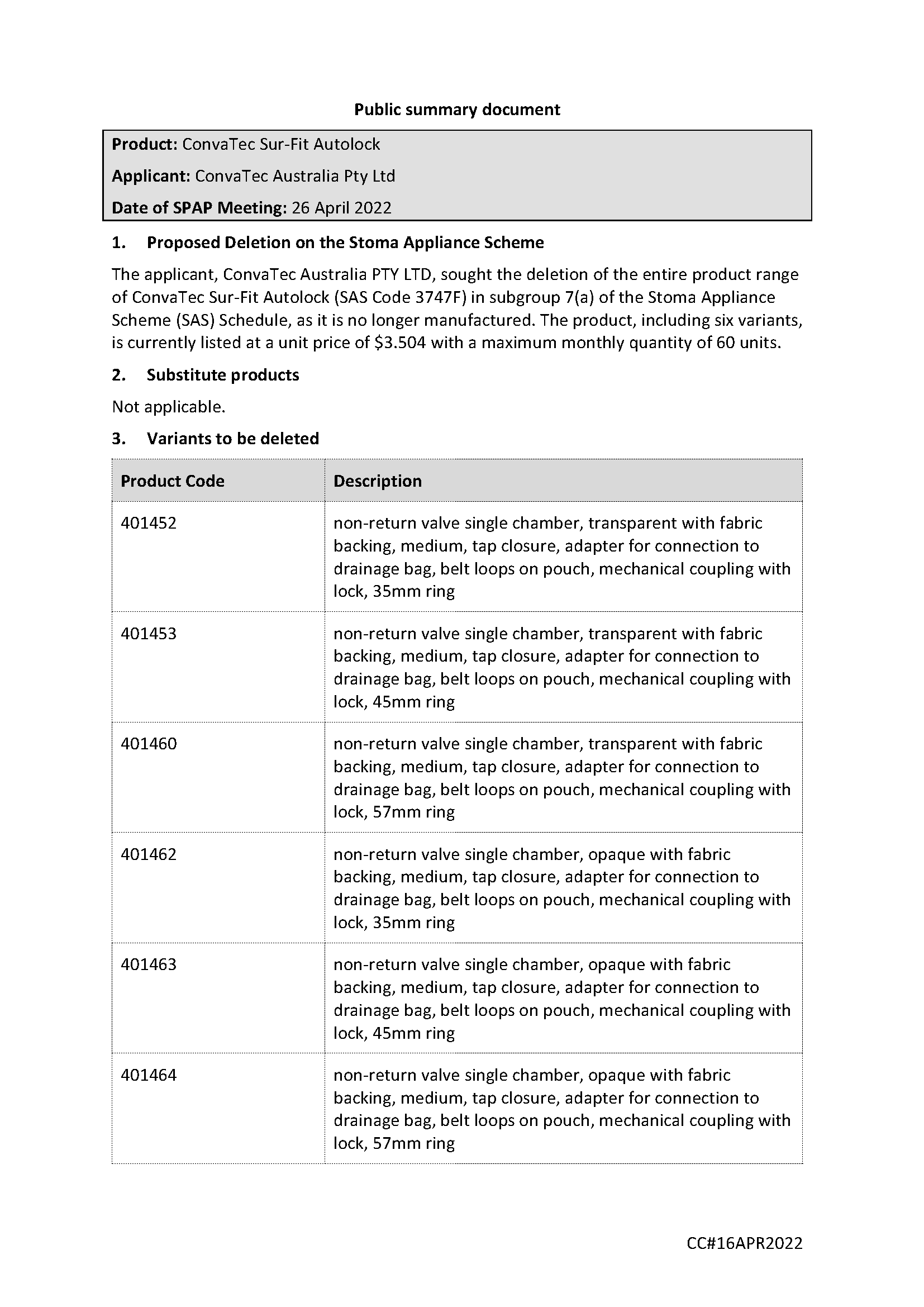 SPAP public summary document – April 2022 – ConvaTec Sur-Fit Autolock – SAS Code 3747F