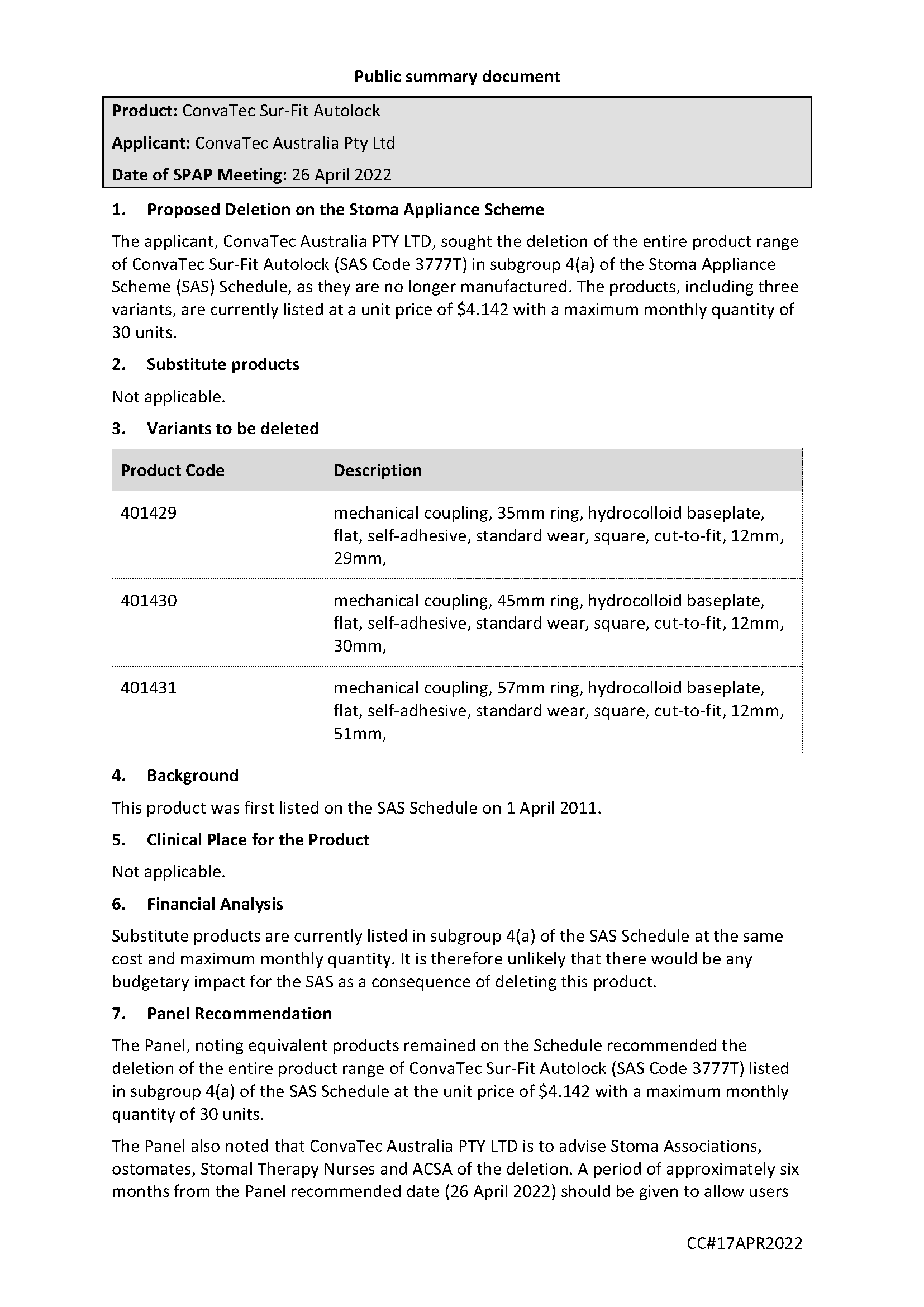 SPAP public summary document – April 2022 – ConvaTec Sur-Fit Autolock  – SAS Code 3777T