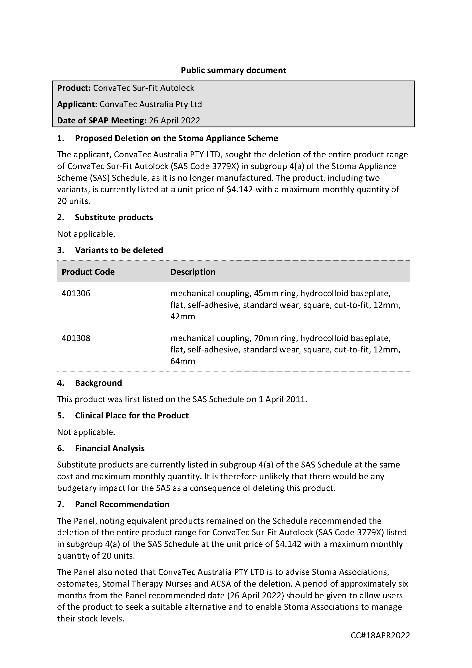 SPAP public summary document – April 2022 – ConvaTec Sur-Fit Autolock  – SAS Code 3779X